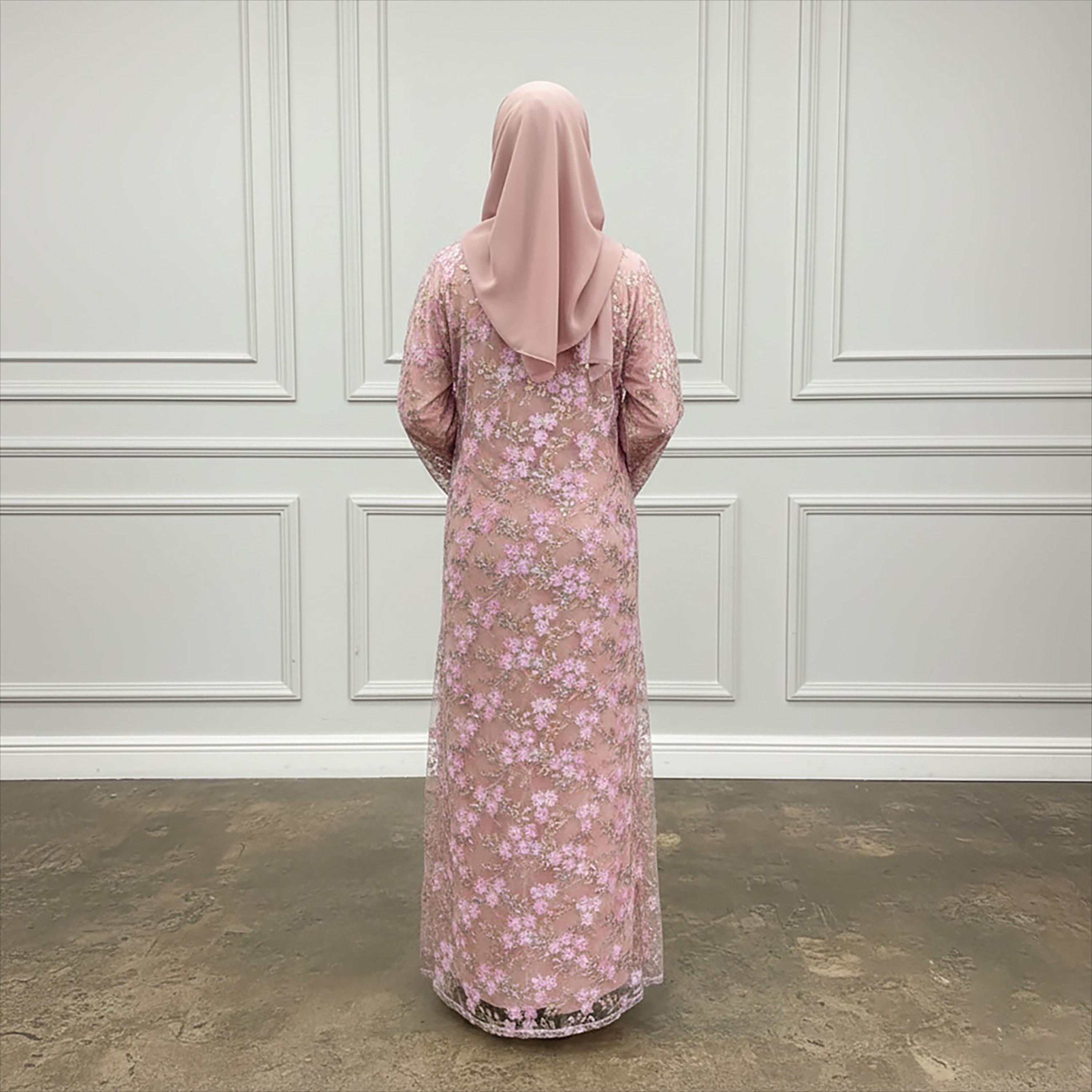 Nukhbaa Pink 3D Floral Sequined Flared Sleeves Net Women's Evening Abaya with Hijab & Matching Inner-women-arabicclothing-abayas-image-4
