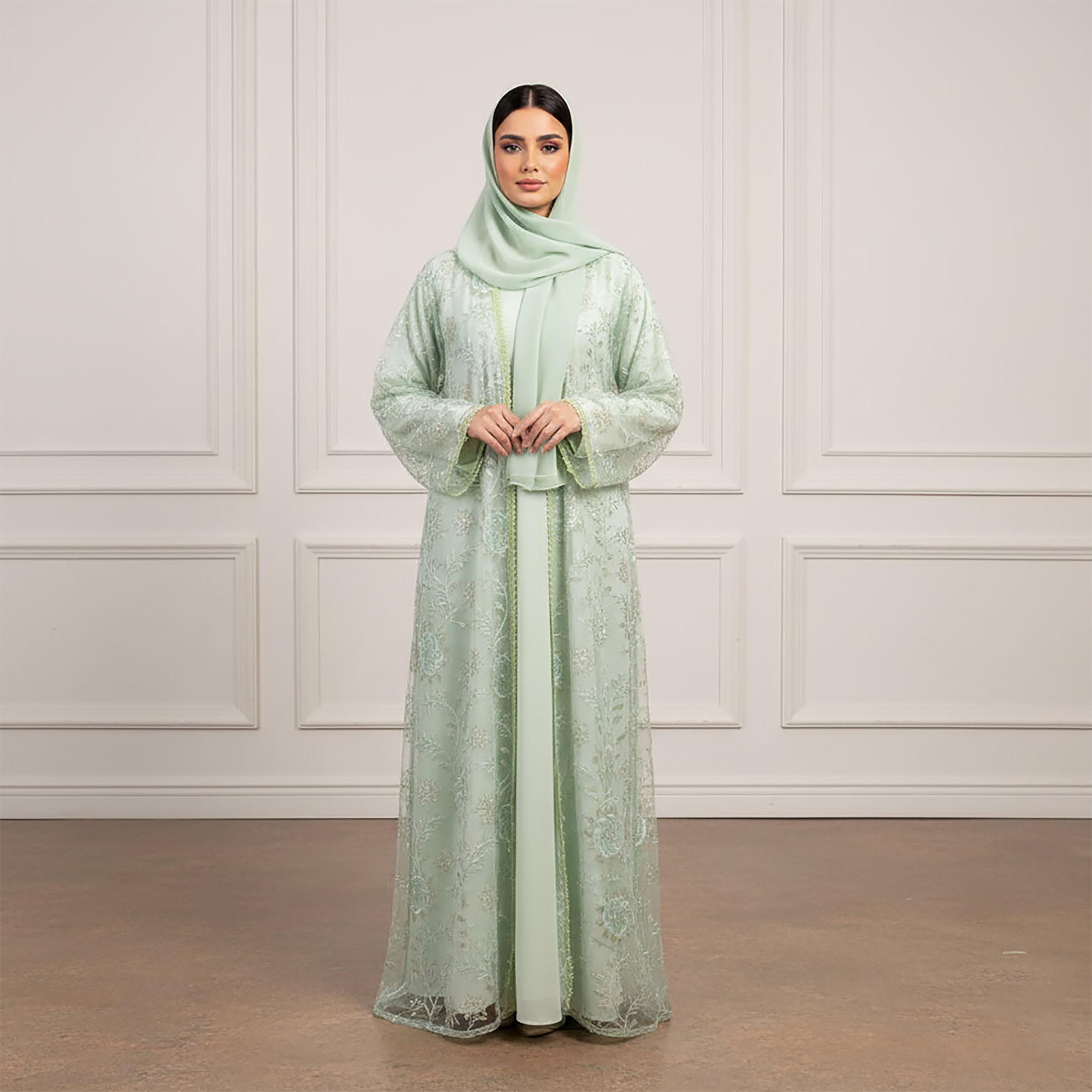 Nukhbaa Green Floral Embroidered Net Women's Flared Style Evening Abaya with Hijab & Matching Inner-women-arabicclothing-abayas-image-1