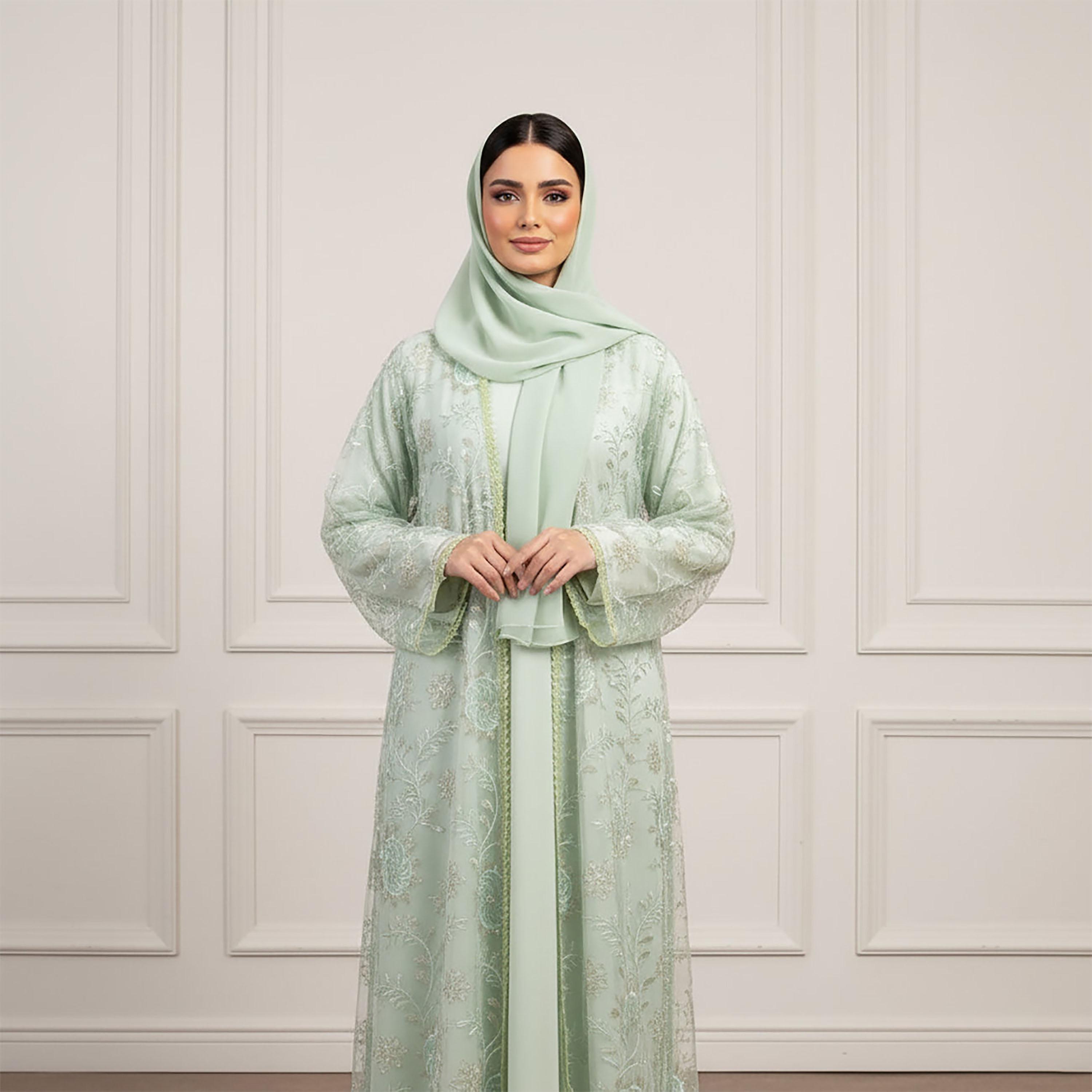 Nukhbaa Green Floral Embroidered Net Women's Flared Style Evening Abaya with Hijab & Matching Inner-women-arabicclothing-abayas-image-2
