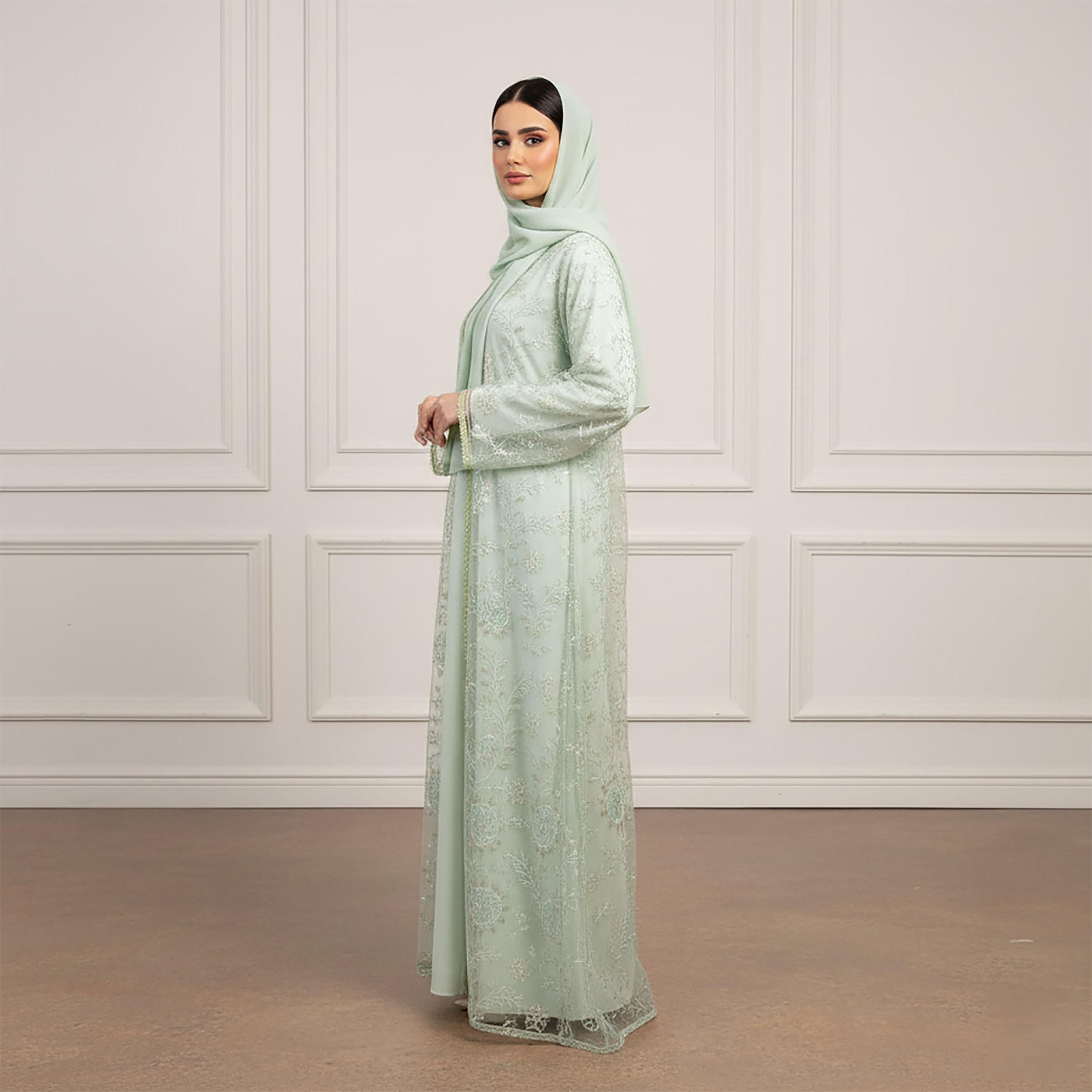 Nukhbaa Green Floral Embroidered Net Women's Flared Style Evening Abaya with Hijab & Matching Inner-women-arabicclothing-abayas-image-3
