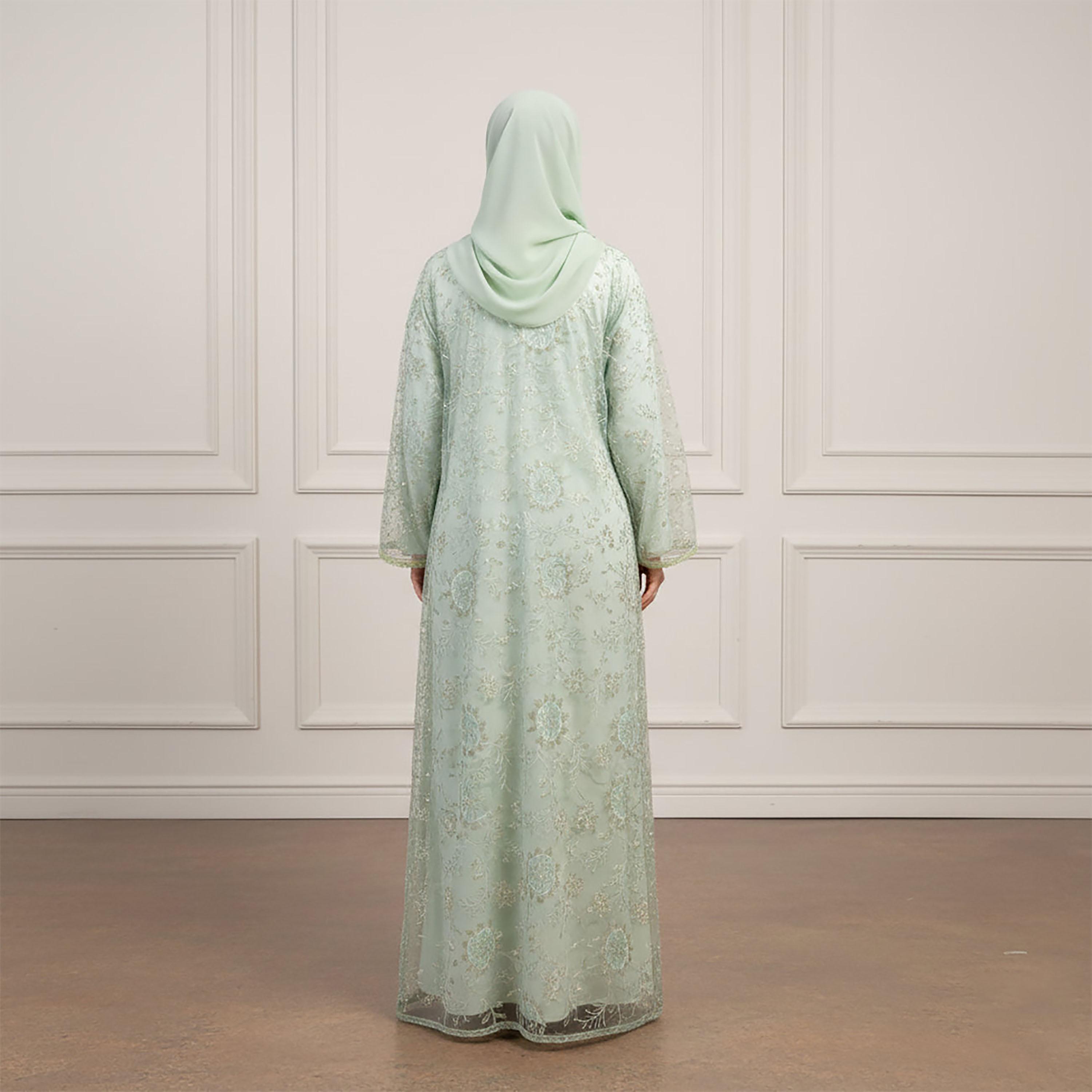 Nukhbaa Green Floral Embroidered Net Women's Flared Style Evening Abaya with Hijab & Matching Inner-women-arabicclothing-abayas-image-4