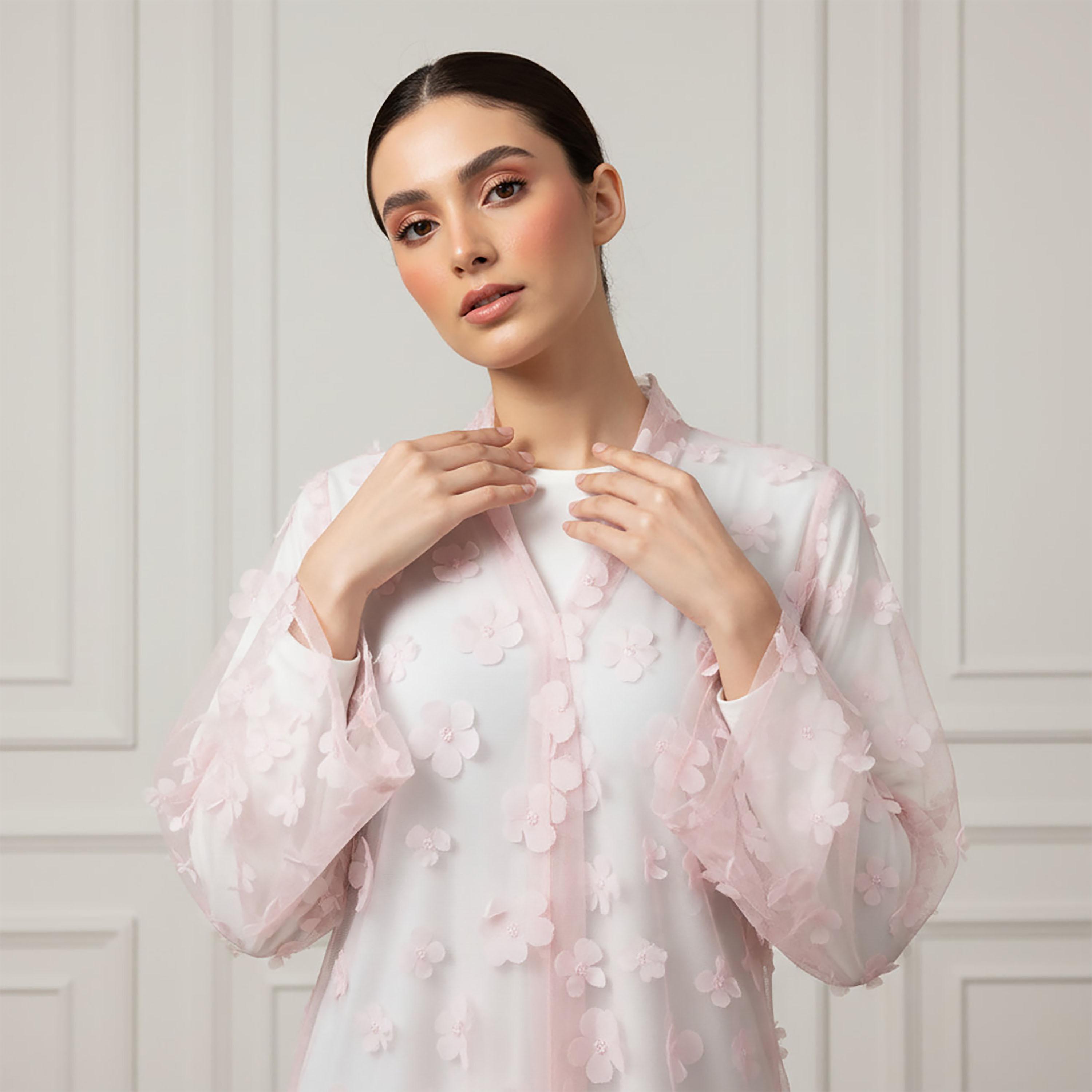 عباءة سهرة نسائية كلوش من التل بزهور ثلاثية الأبعاد بلون وردي مع حجاب وفستان داخلي متناسق من نُخبة-women-arabicclothing-abayas-image-2