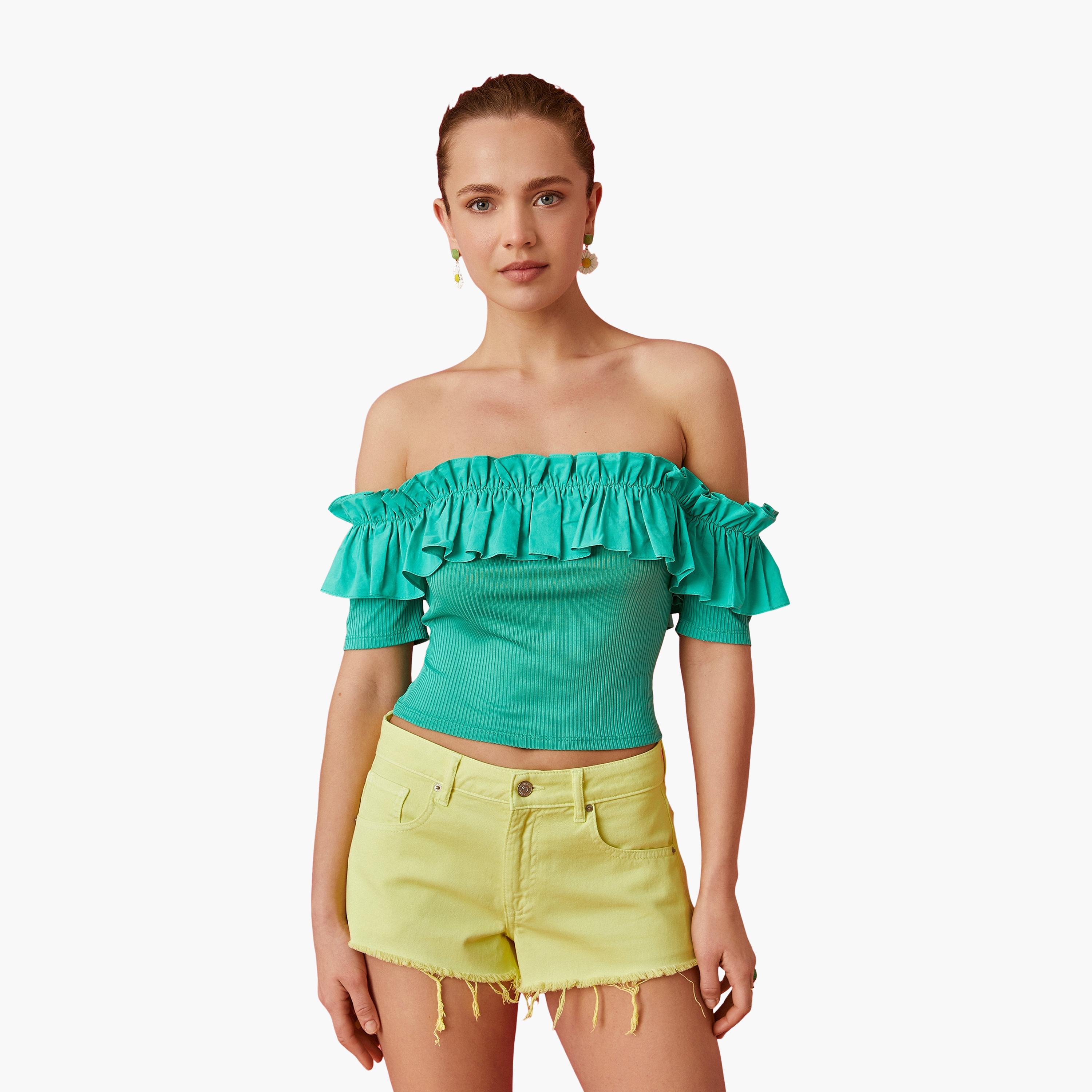 KOTON Green Frilled Off-Shoulder Women's Bardot Cropped Top-women-clothing-shirtsandblouses-blouses-image-1