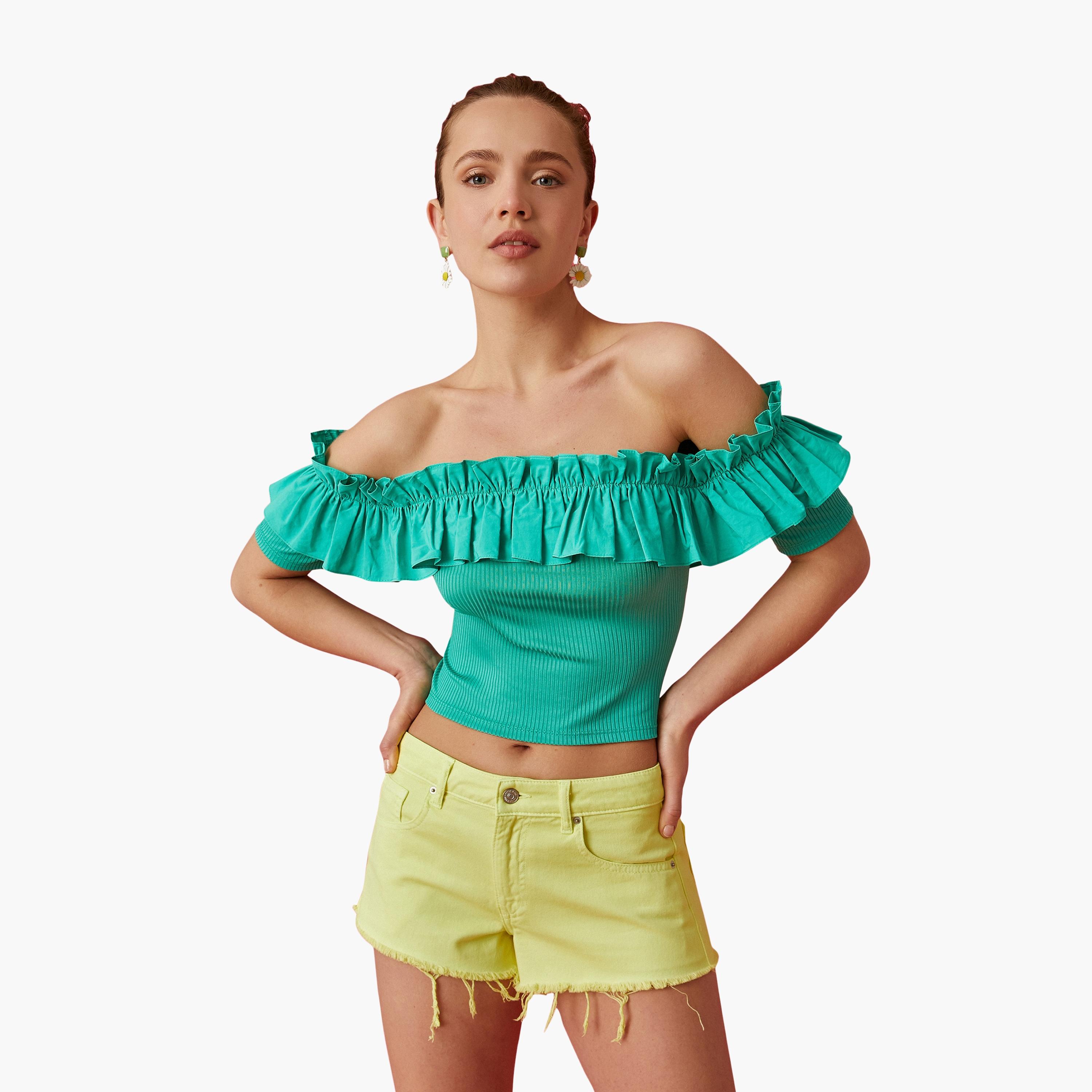 KOTON Green Frilled Off-Shoulder Women's Bardot Cropped Top-women-clothing-shirtsandblouses-blouses-image-2