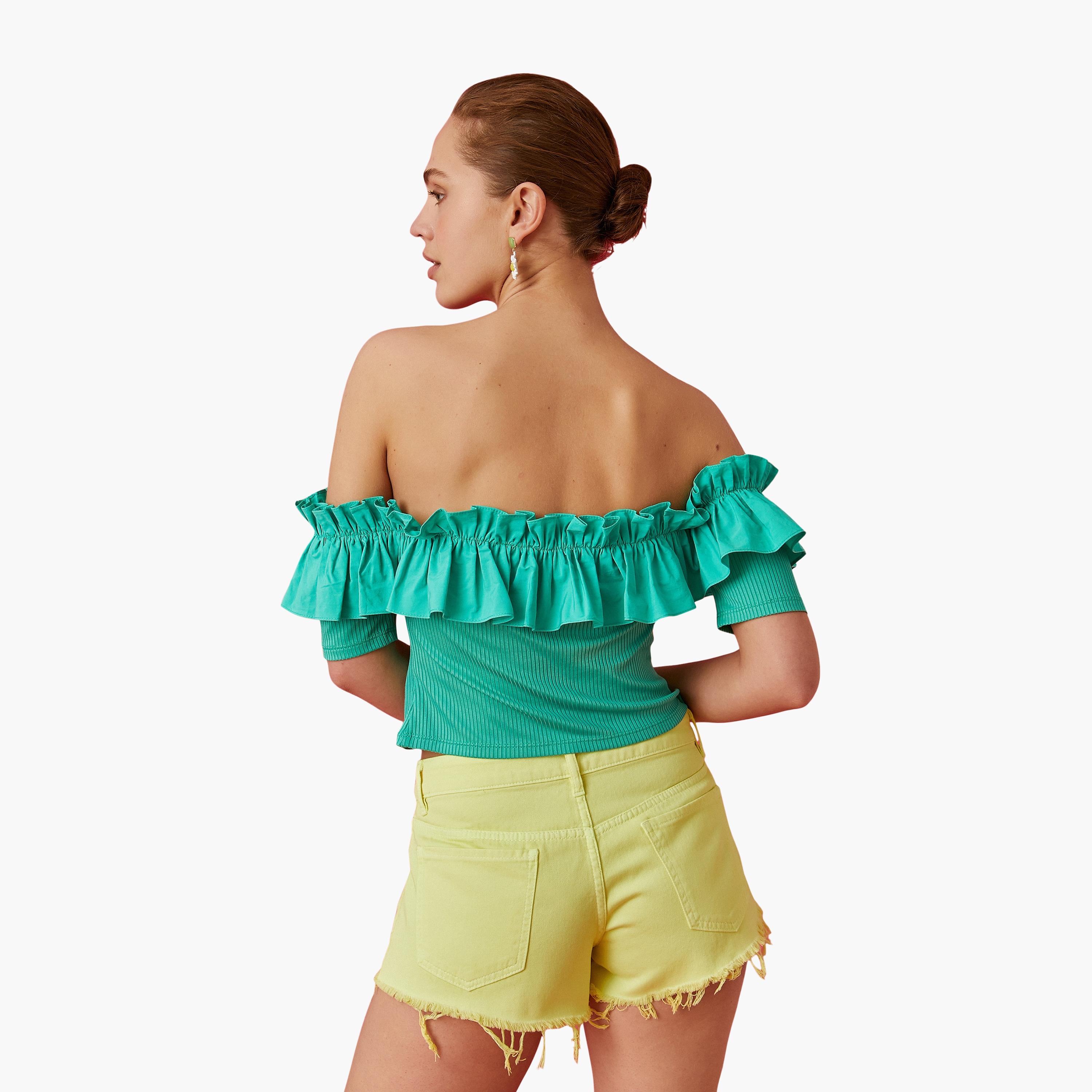 KOTON Green Frilled Off-Shoulder Women's Bardot Cropped Top-women-clothing-shirtsandblouses-blouses-image-3