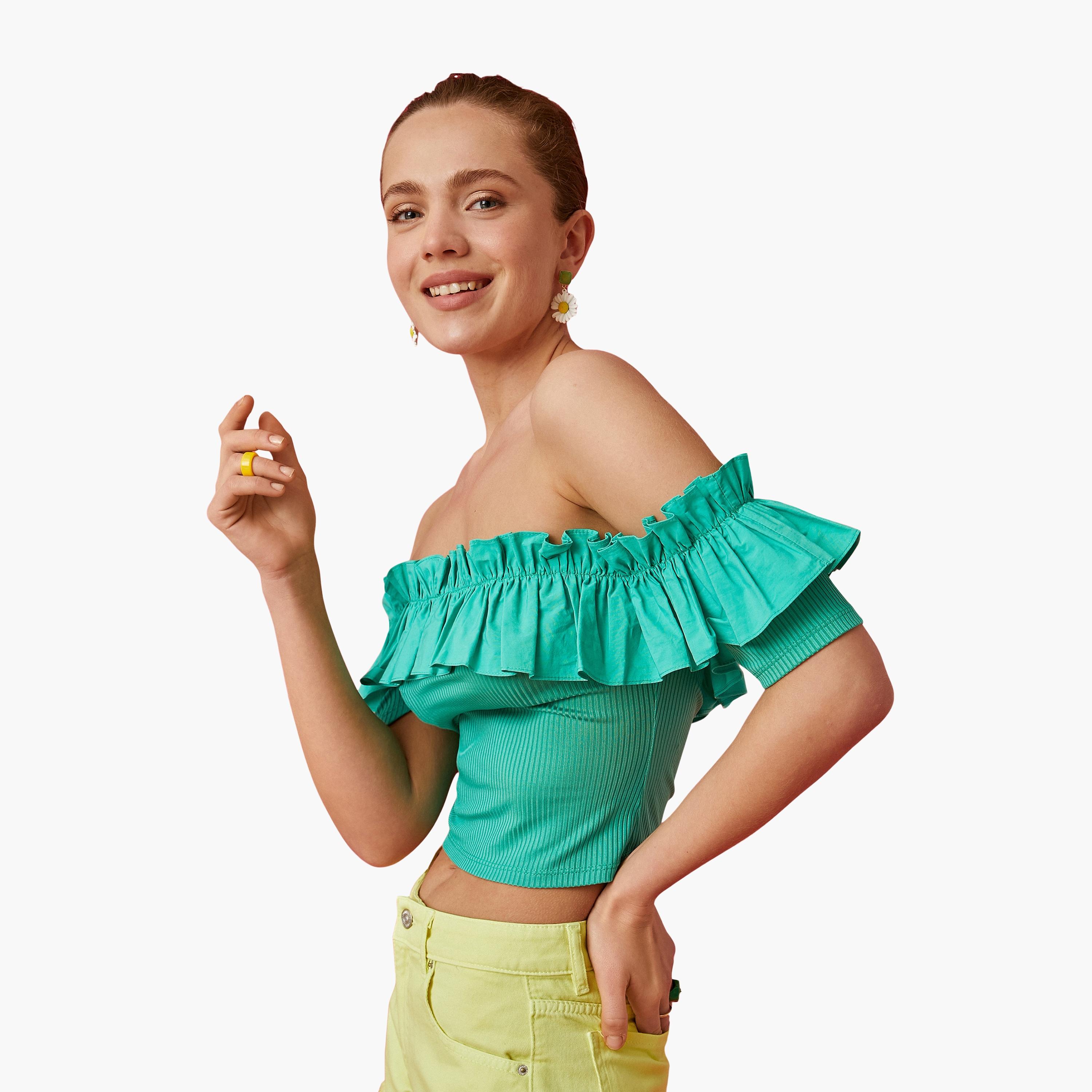 KOTON Green Frilled Off-Shoulder Women's Bardot Cropped Top-women-clothing-shirtsandblouses-blouses-image-4