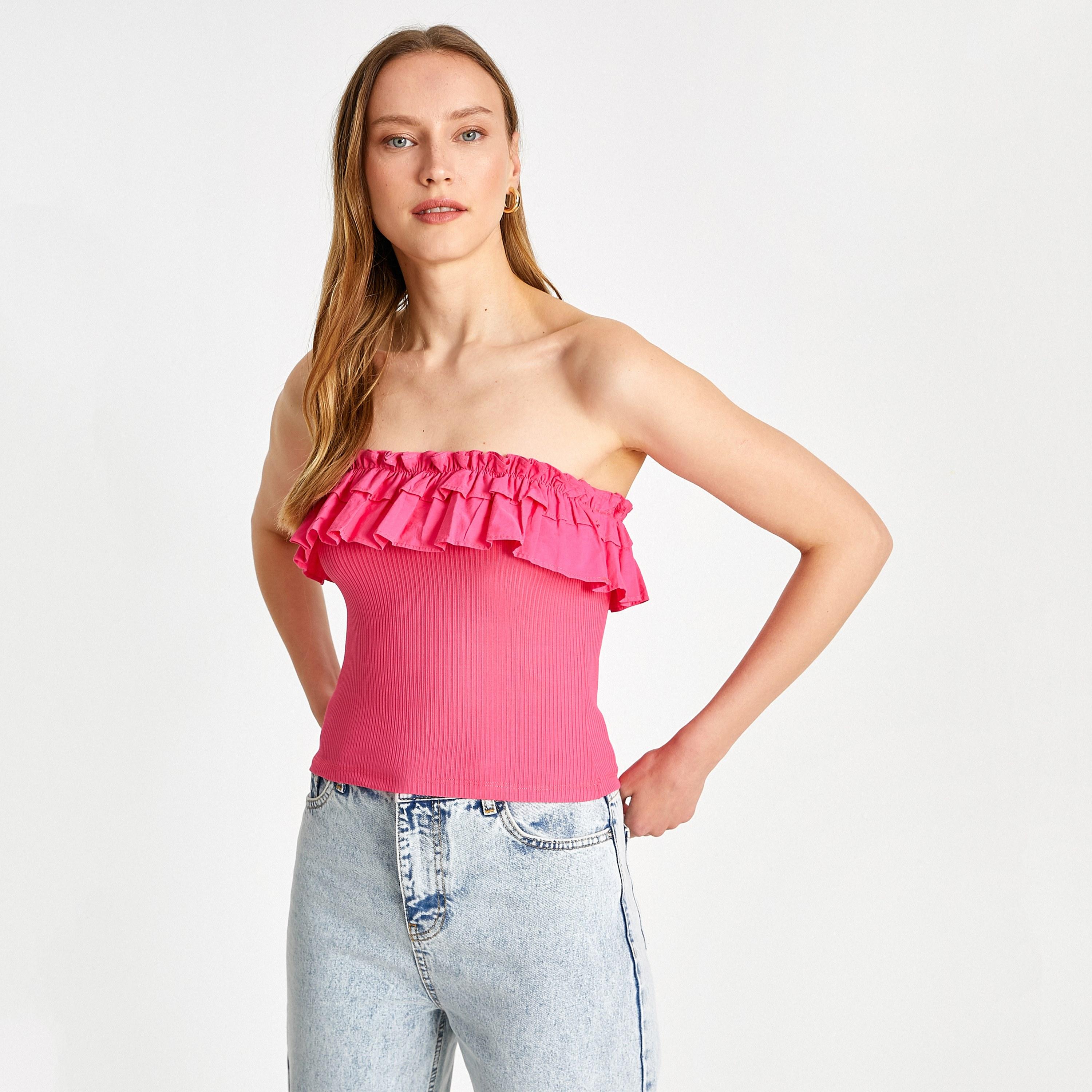 KOTON Pink Frilled Strapless Women's Bandeau Cropped Top-women-clothing-shirtsandblouses-blouses-image-1