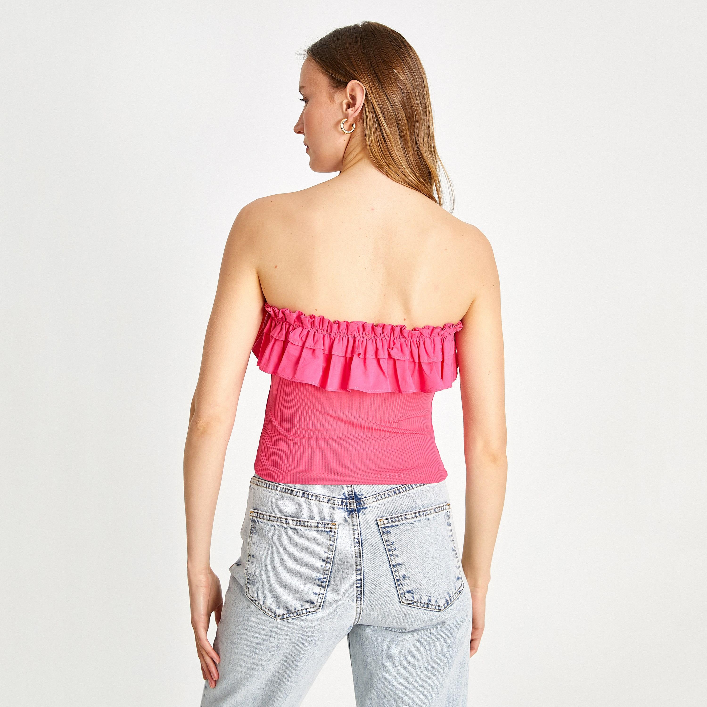 KOTON Pink Frilled Strapless Women's Bandeau Cropped Top-women-clothing-shirtsandblouses-blouses-image-3