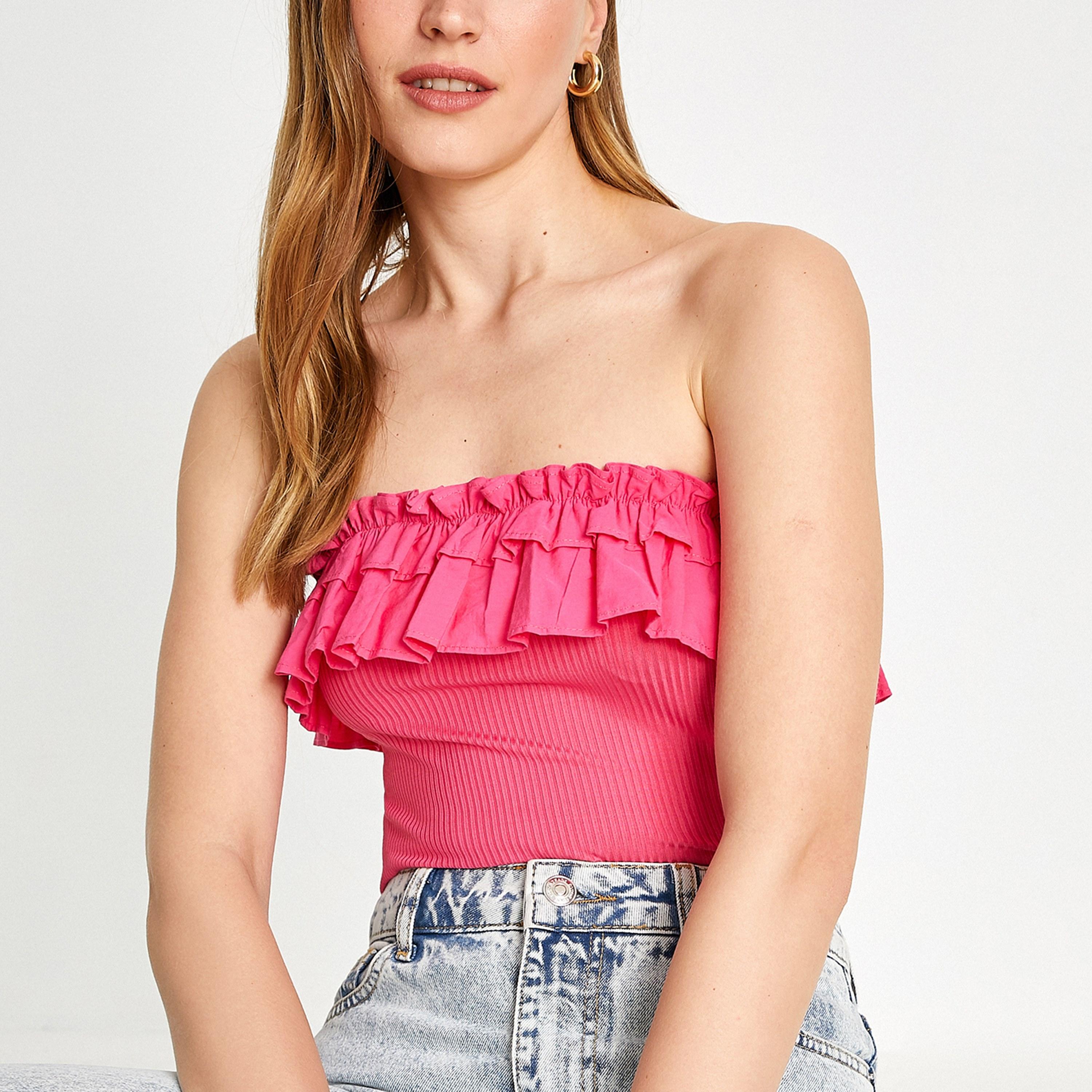 KOTON Pink Frilled Strapless Women's Bandeau Cropped Top-women-clothing-shirtsandblouses-blouses-image-4