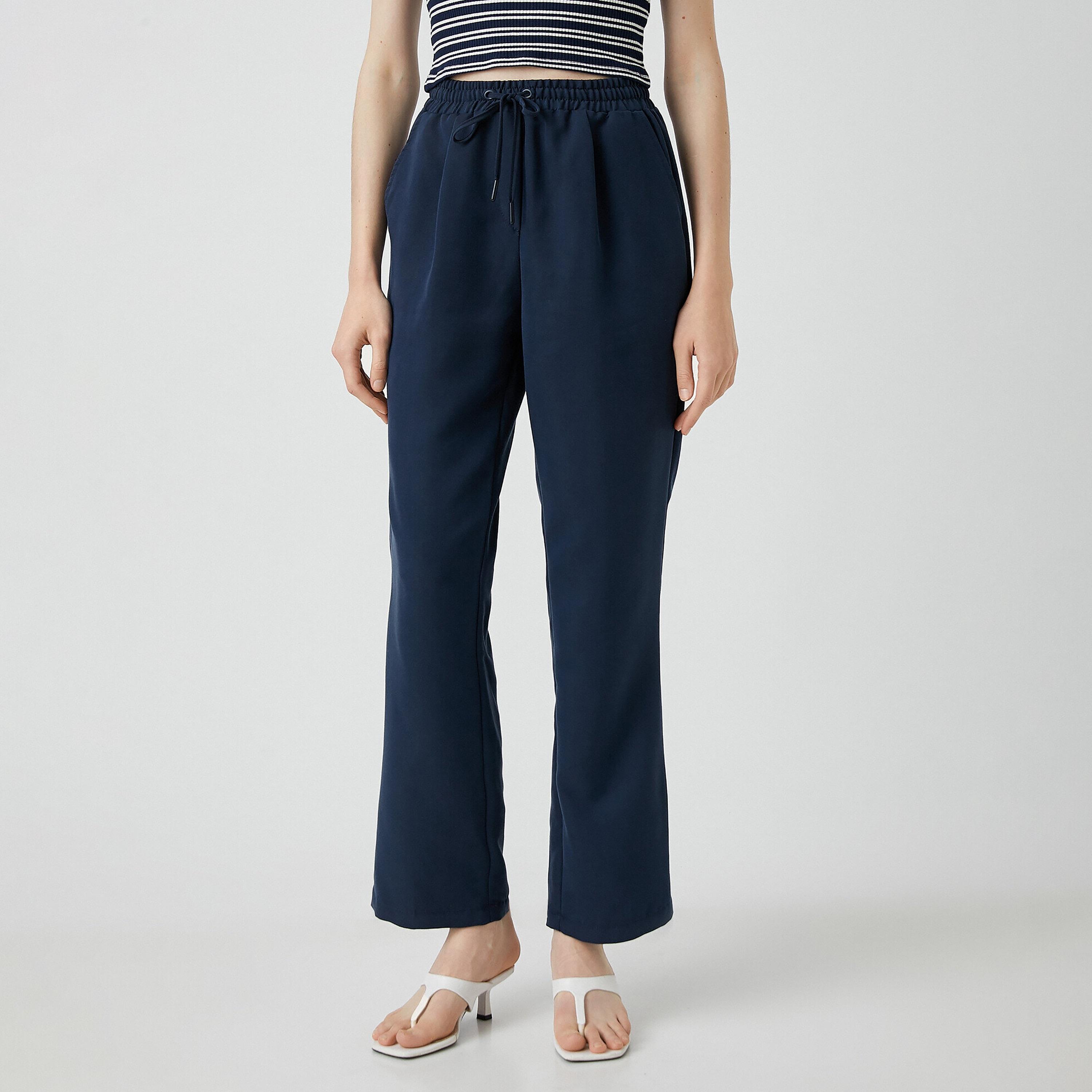 KOTON Navy Drawstring Waist Bootcut Women's Trousers-women-clothing-bottoms-trousers-image-1