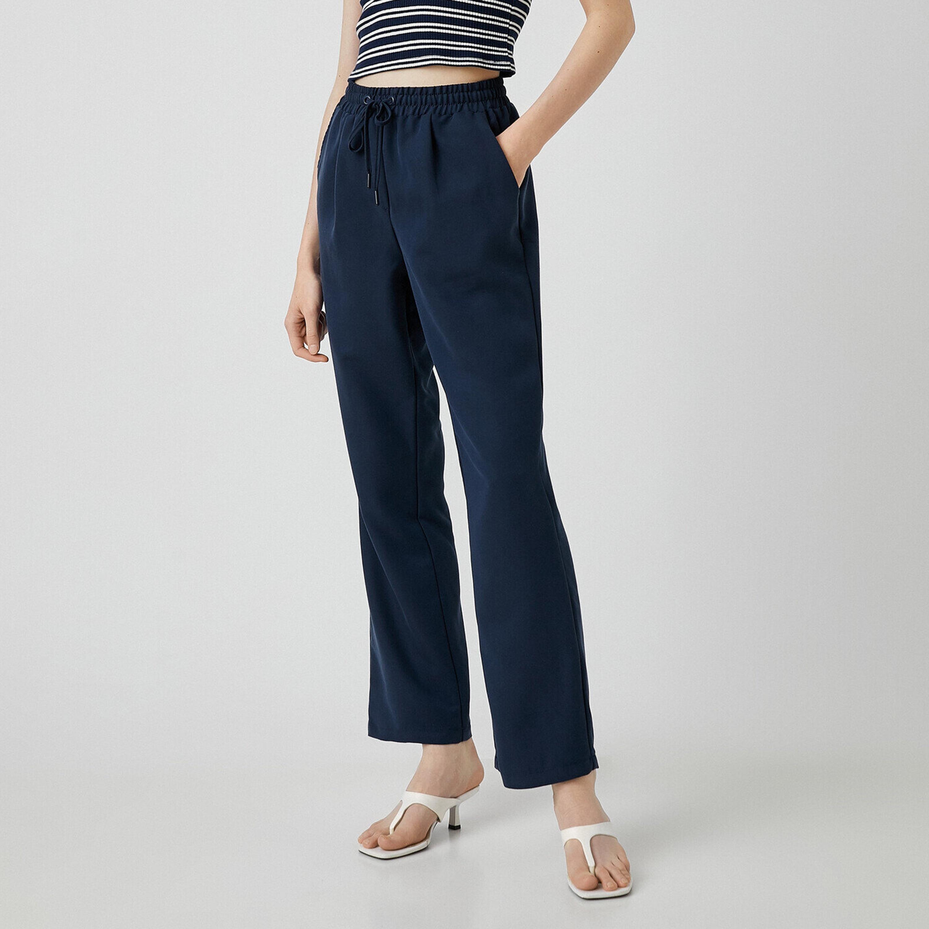 KOTON Navy Drawstring Waist Bootcut Women's Trousers-women-clothing-bottoms-trousers-image-3