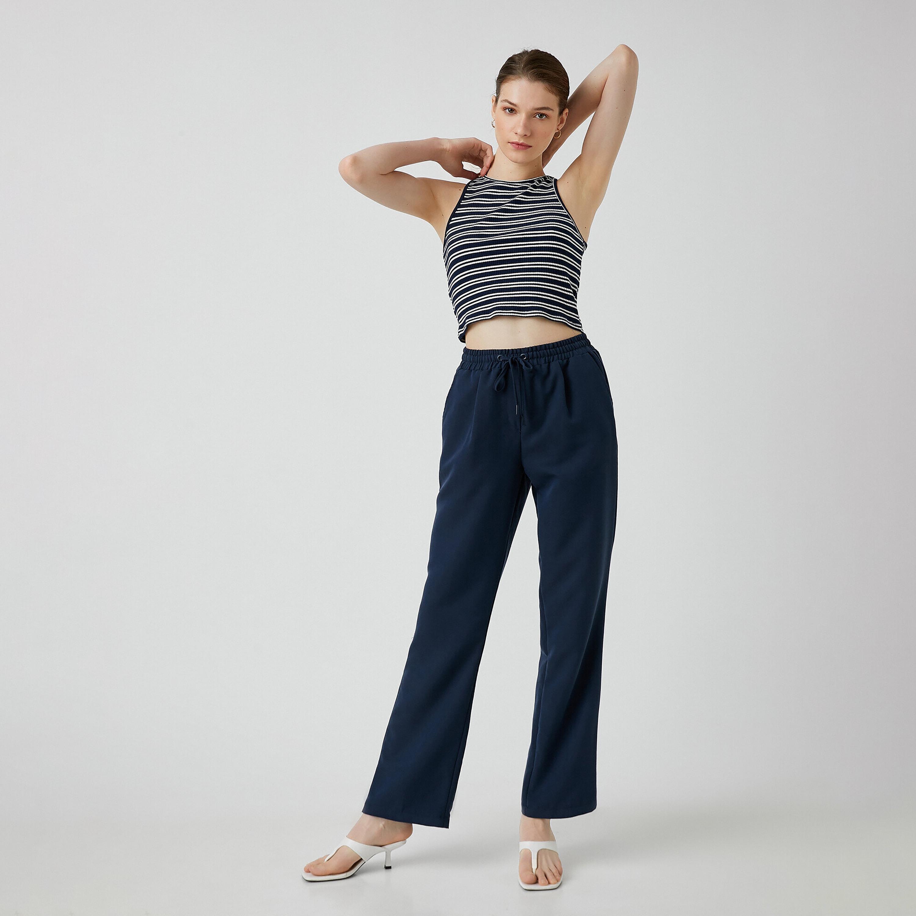 KOTON Navy Drawstring Waist Bootcut Women's Trousers-women-clothing-bottoms-trousers-image-4