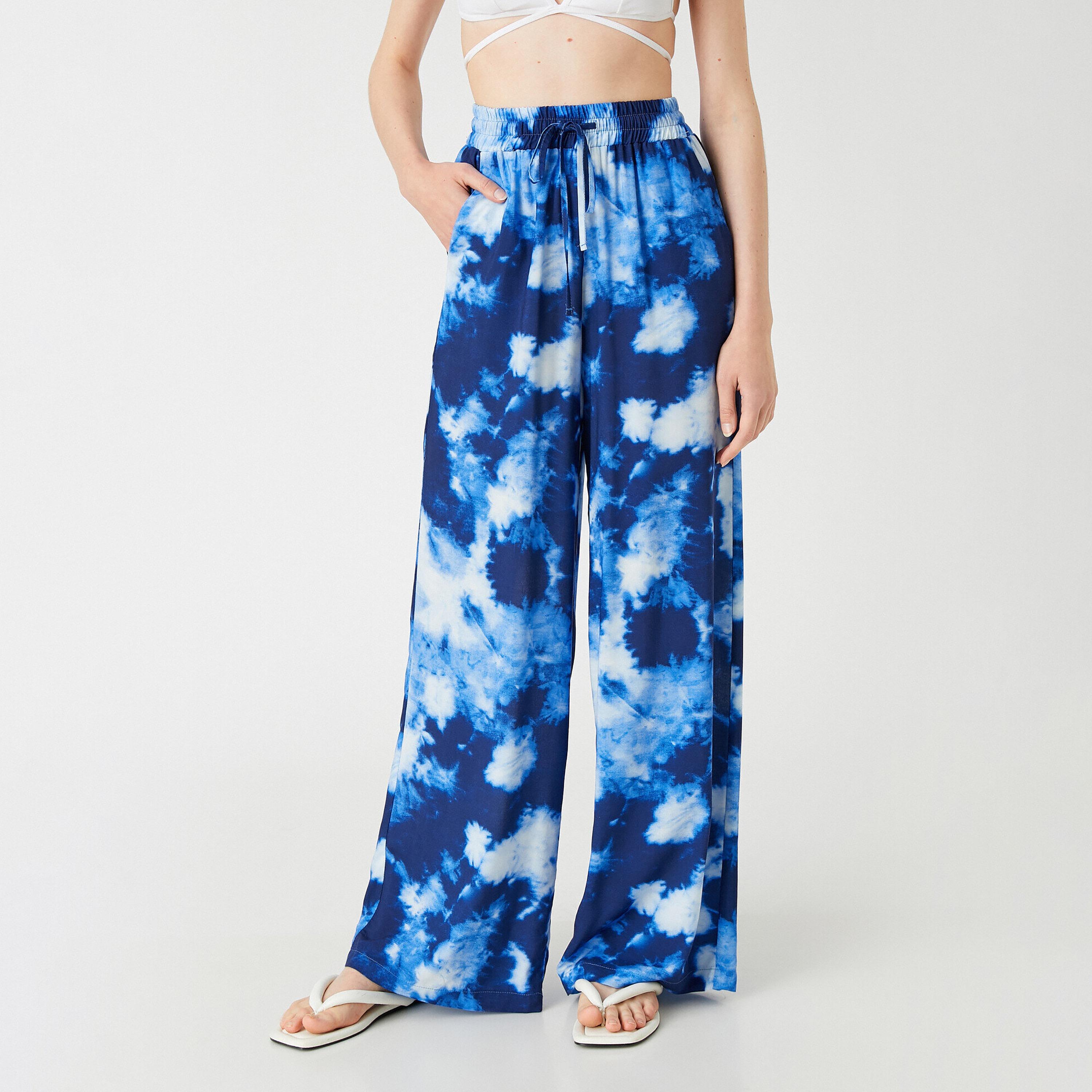 KOTON Blue Tie-Dye Drawstring Waist Wide Leg Women's Trousers-women-clothing-bottoms-trousers-image-1
