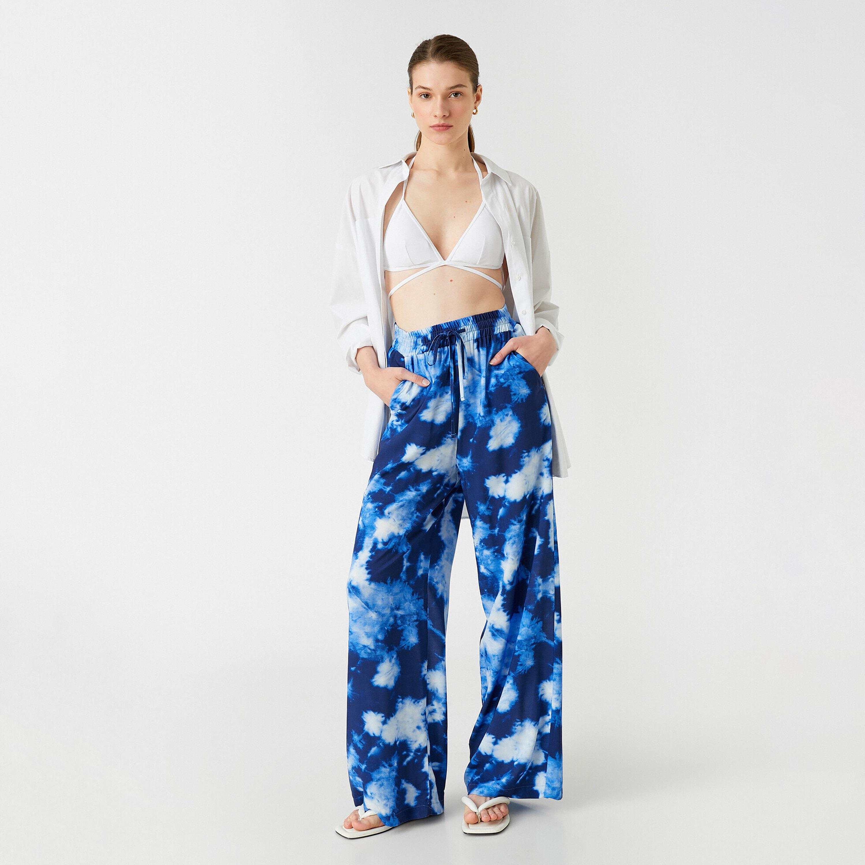 KOTON Blue Tie-Dye Drawstring Waist Wide Leg Women's Trousers-women-clothing-bottoms-trousers-image-2