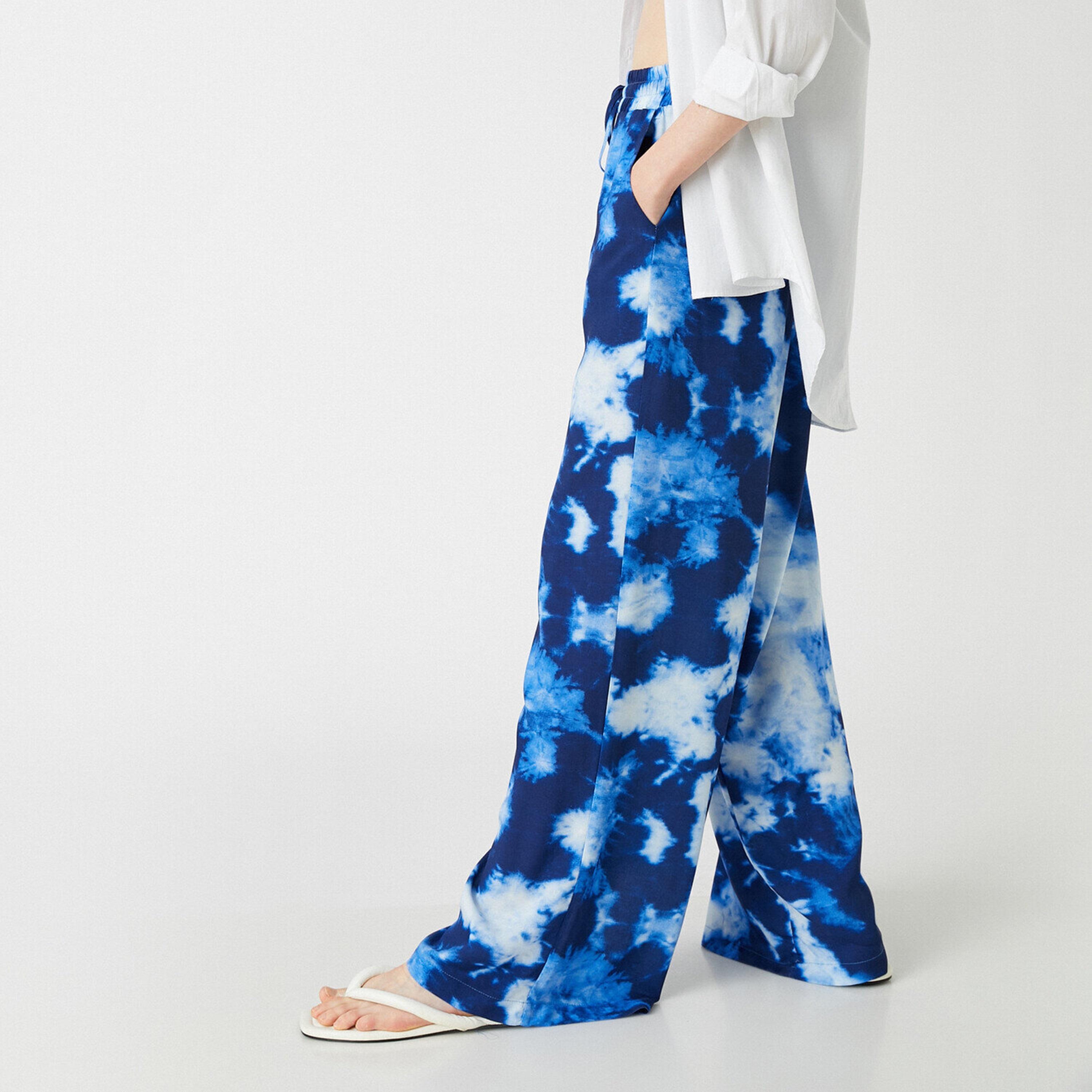 KOTON Blue Tie-Dye Drawstring Waist Wide Leg Women's Trousers-women-clothing-bottoms-trousers-image-3