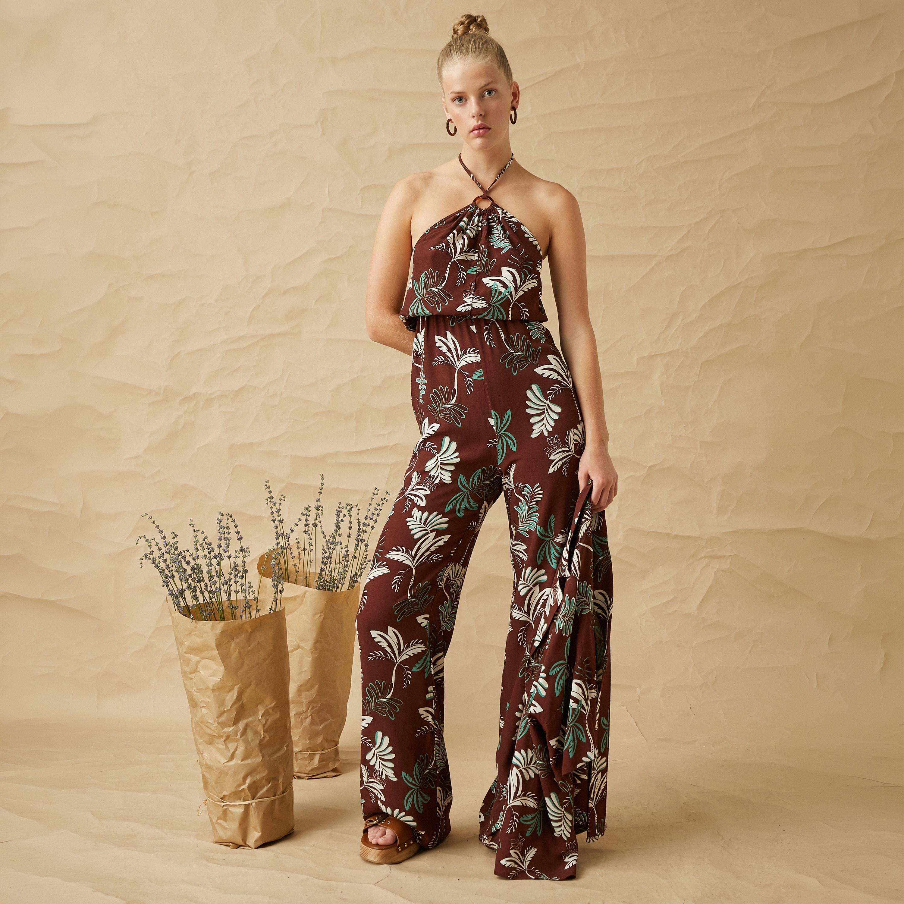 KOTON Brown Tropical Print Halter Neck Women's Jumpsuit-women-clothing-jumpsuits-image-1