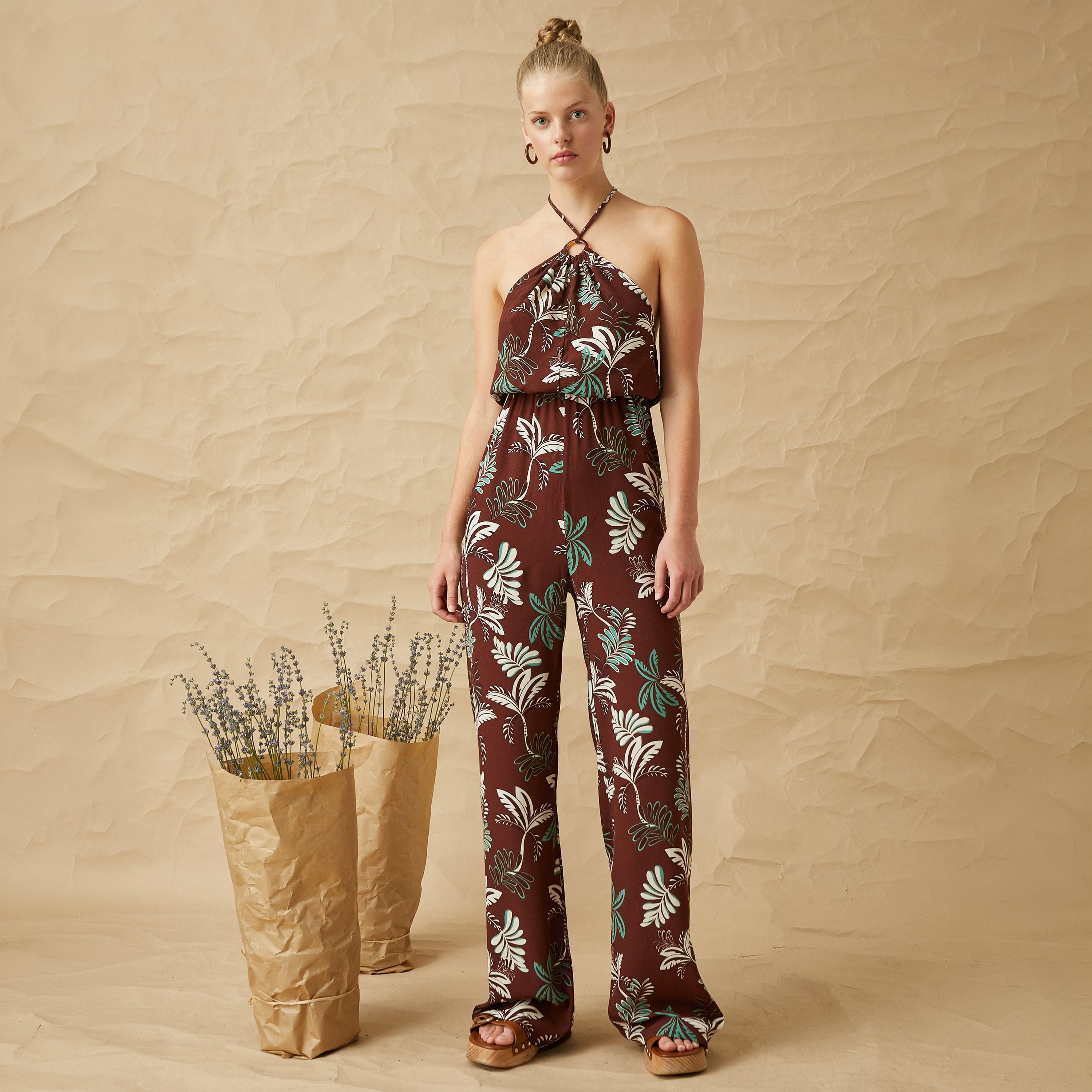 KOTON Brown Tropical Print Halter Neck Women's Jumpsuit-women-clothing-jumpsuits-image-2