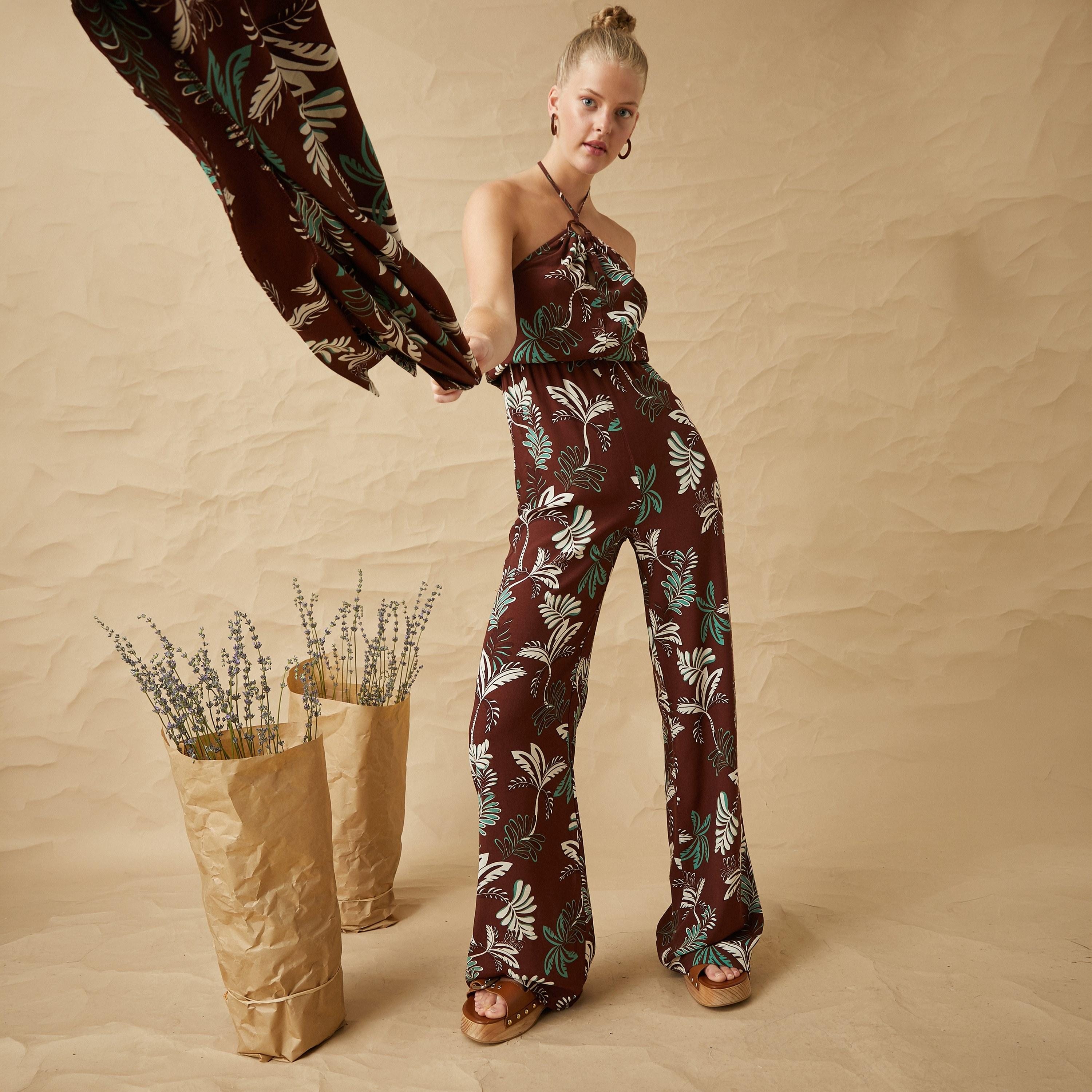 KOTON Brown Tropical Print Halter Neck Women's Jumpsuit-women-clothing-jumpsuits-image-3