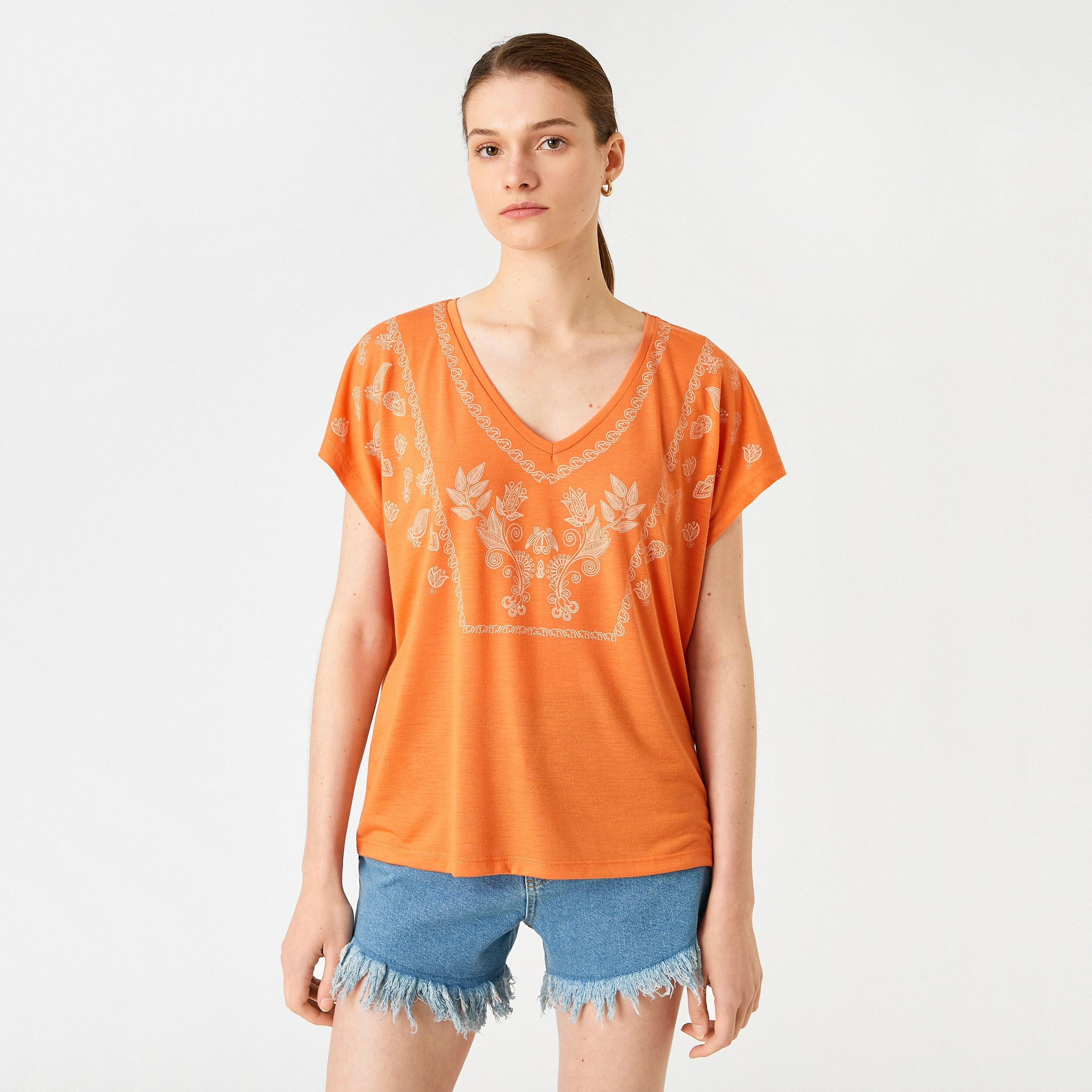 KOTON Orange Leaf Print Women's T-Shirt-women-clothing-tshirts-image-1