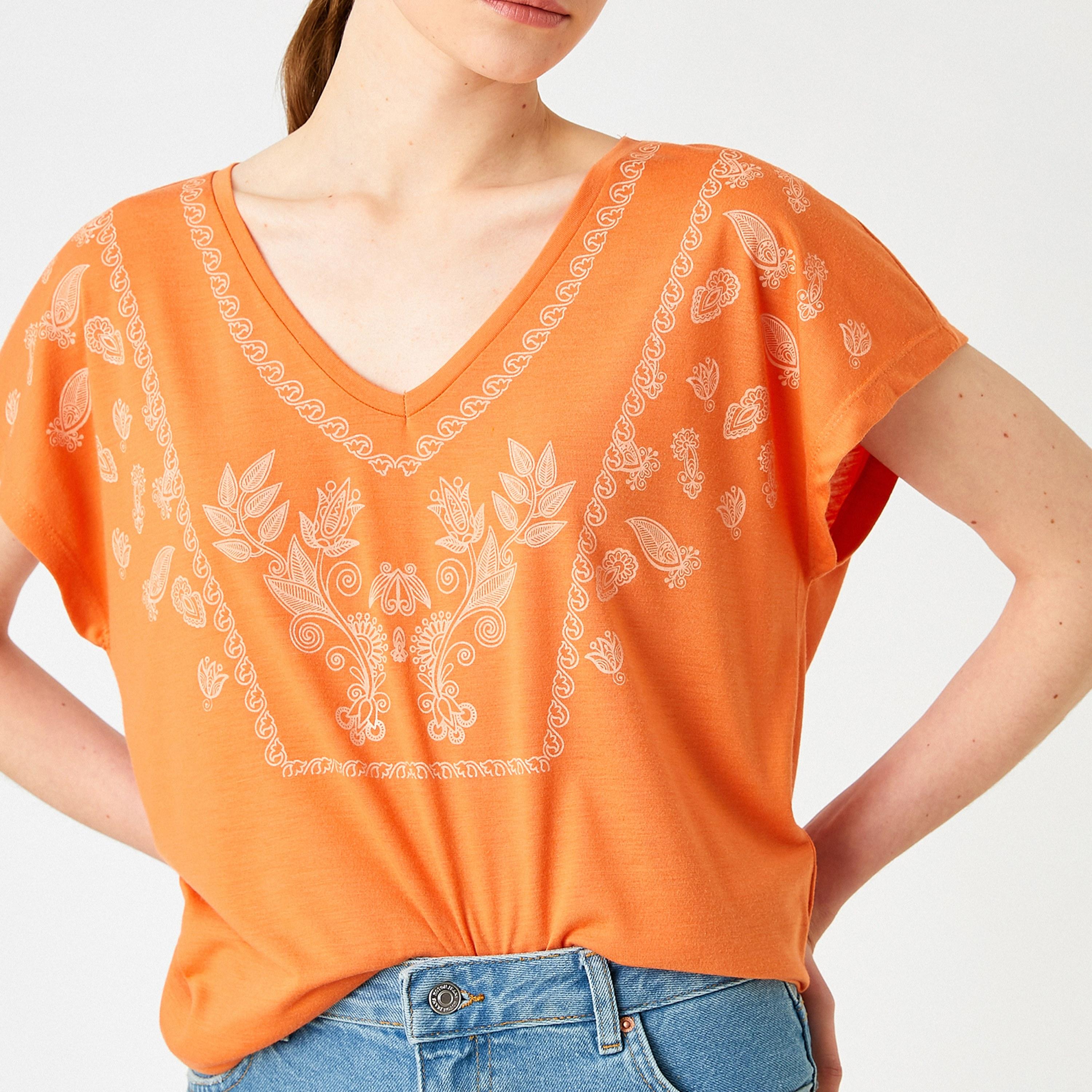 KOTON Orange Leaf Print Women's T-Shirt-women-clothing-tshirts-image-4