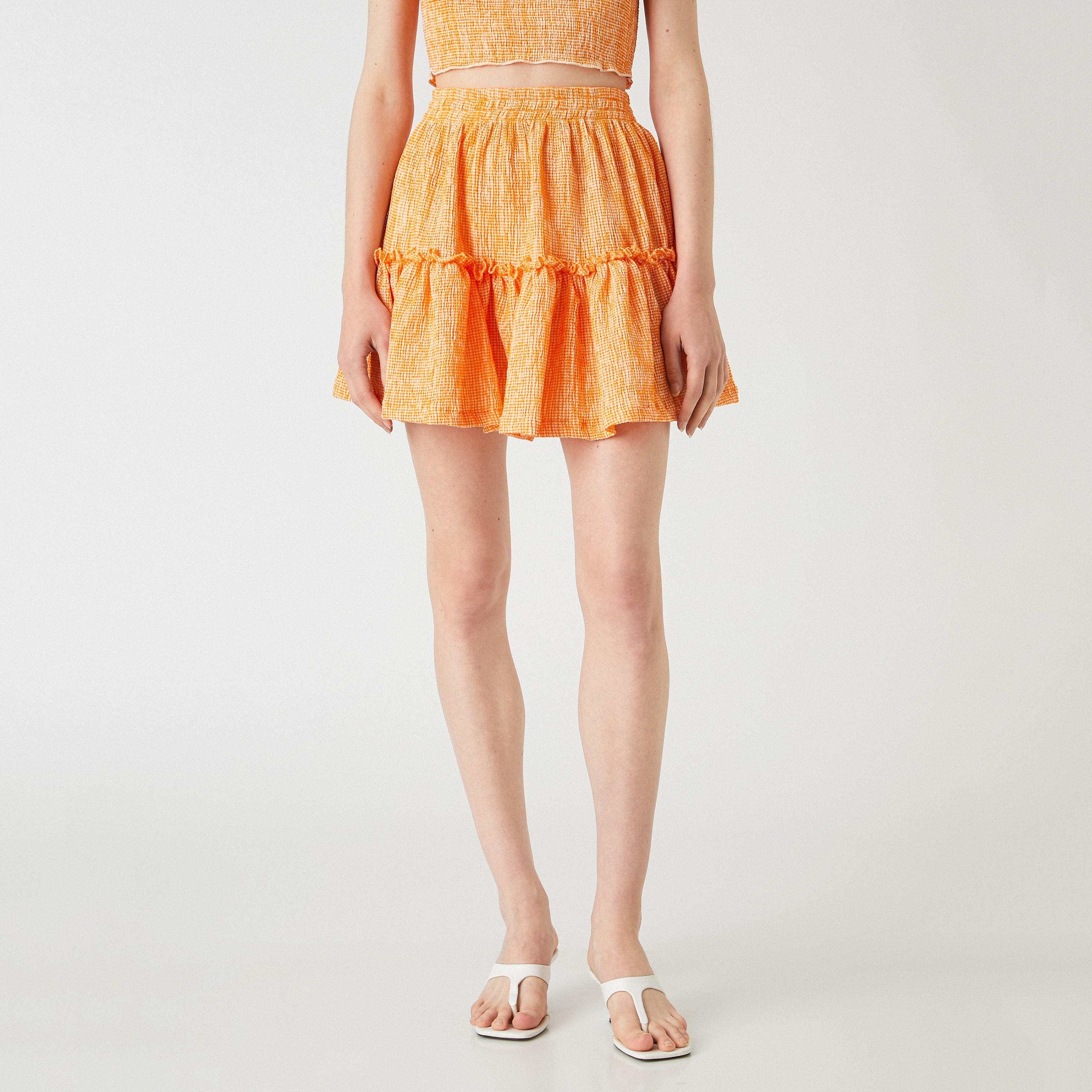 KOTON Orange Checked Tiered Women's Mini Skirt-women-clothing-skirts-image-1