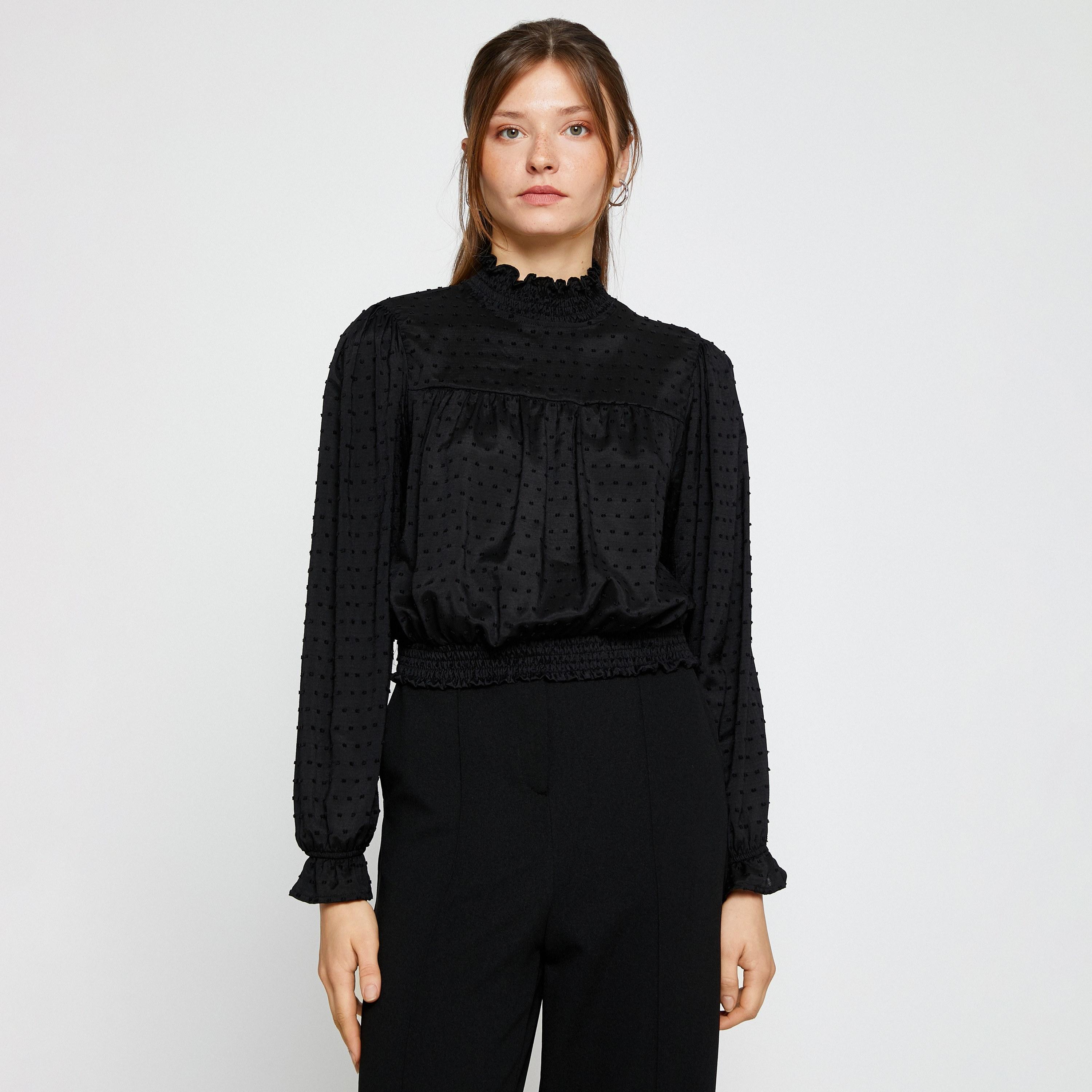 KOTON Dobby Ruffled High Neck Puff Sleeves Women's Top-women-clothing-shirtsandblouses-blouses-image-1