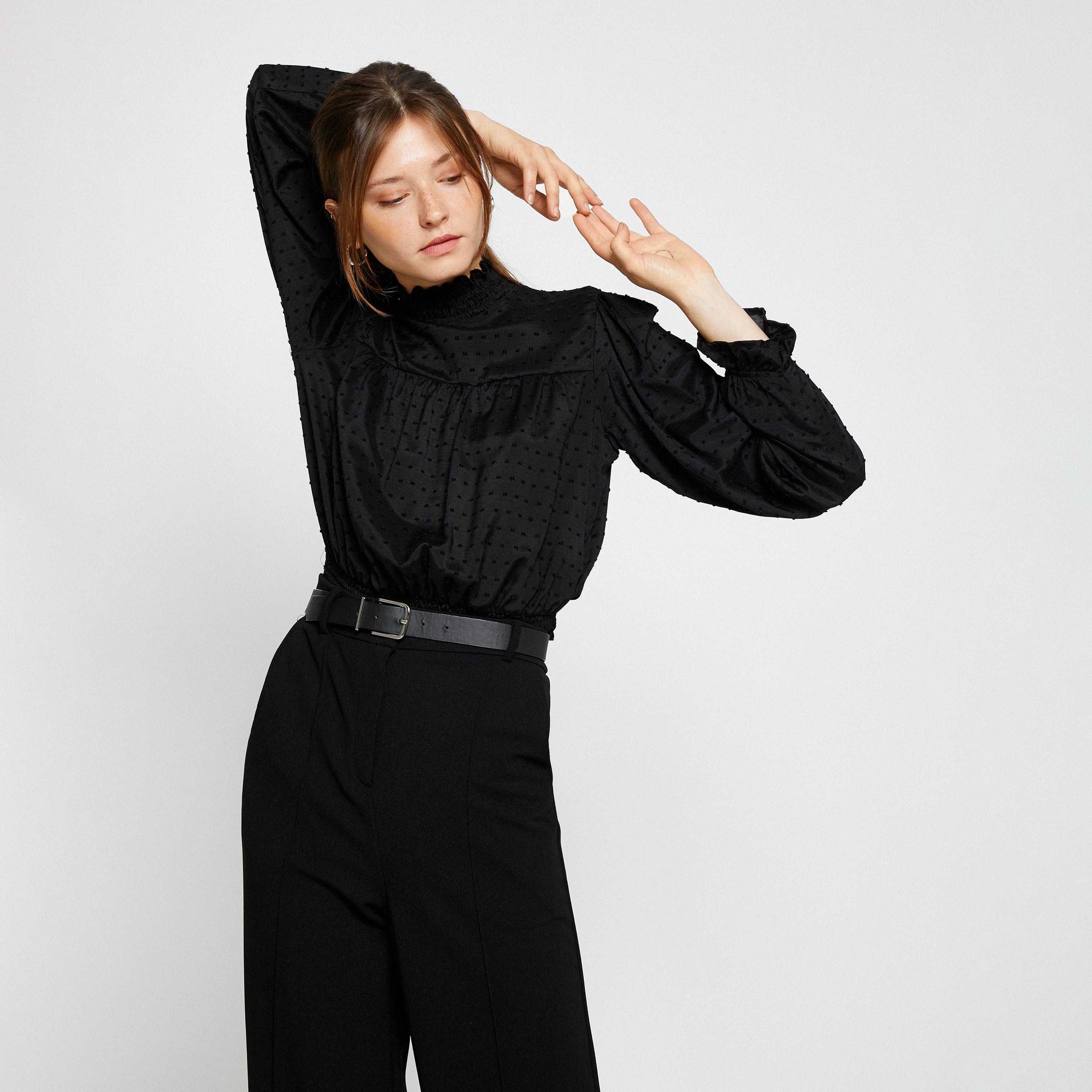 KOTON Dobby Ruffled High Neck Puff Sleeves Women's Top-women-clothing-shirtsandblouses-blouses-image-2
