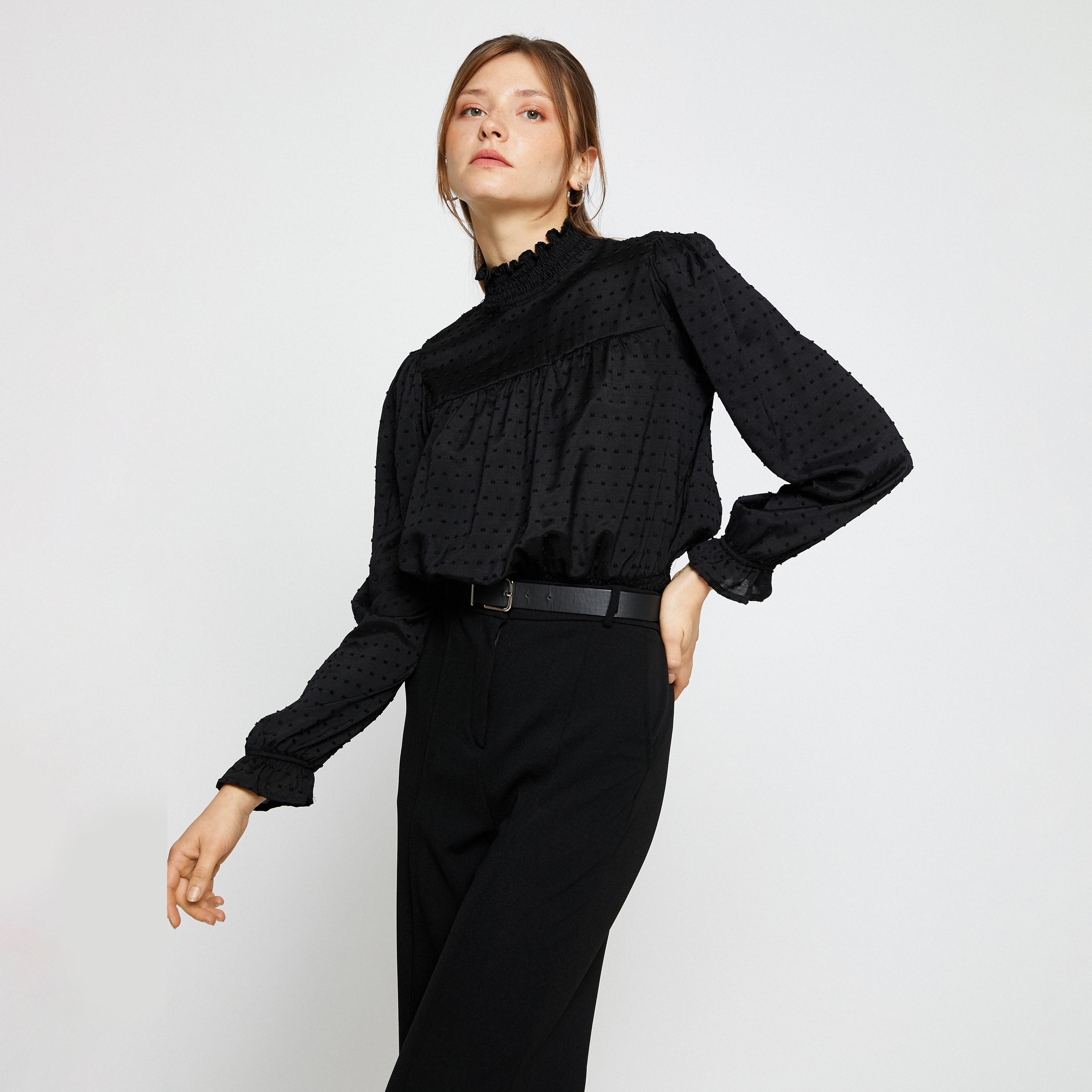 KOTON Dobby Ruffled High Neck Puff Sleeves Women's Top-women-clothing-shirtsandblouses-blouses-image-3
