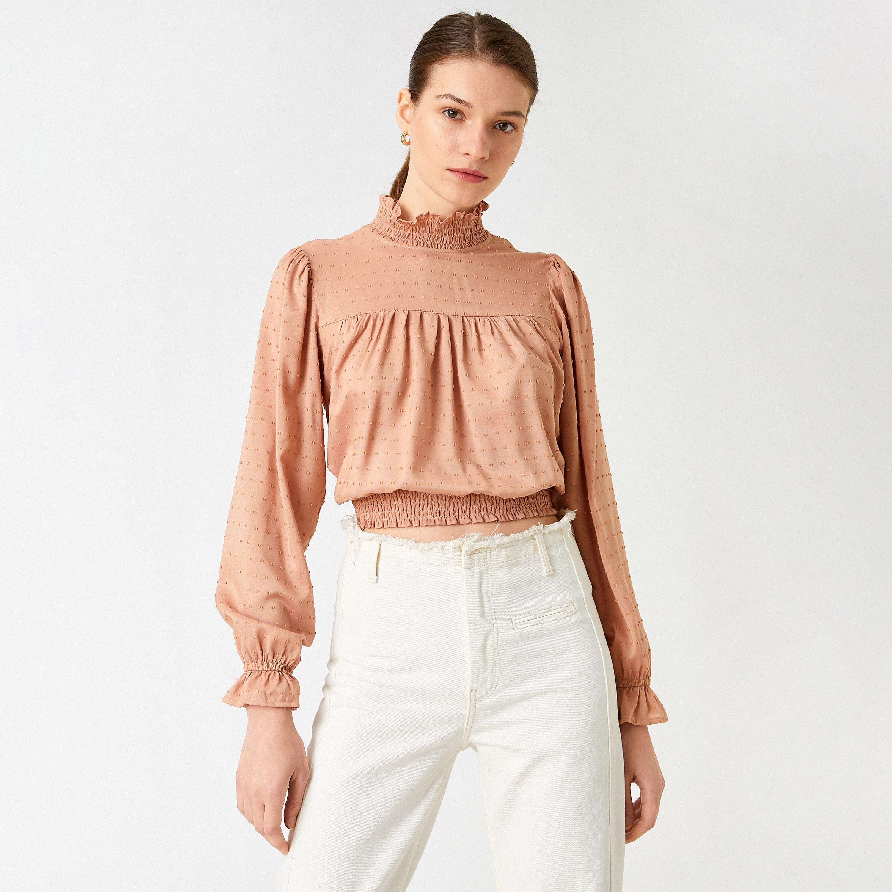 KOTON Dobby Ruffled High Neck Puff Sleeves Women's Top-women-clothing-shirtsandblouses-blouses-image-4
