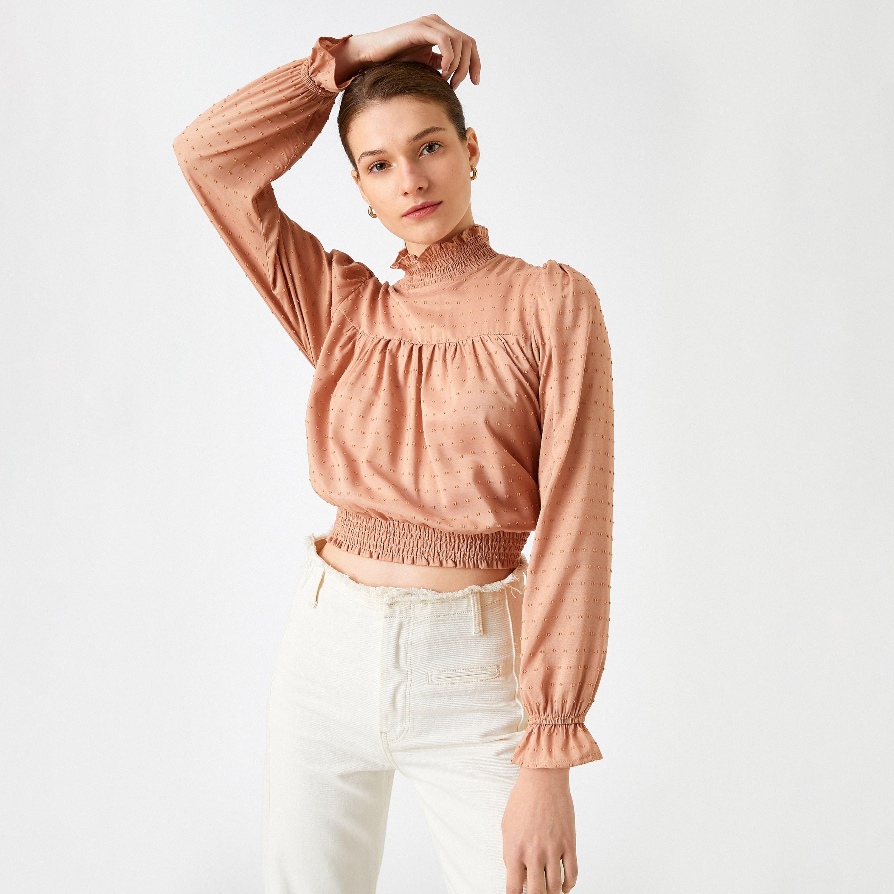 KOTON Dobby Ruffled High Neck Puff Sleeves Women's Top-women-clothing-shirtsandblouses-blouses-image-5
