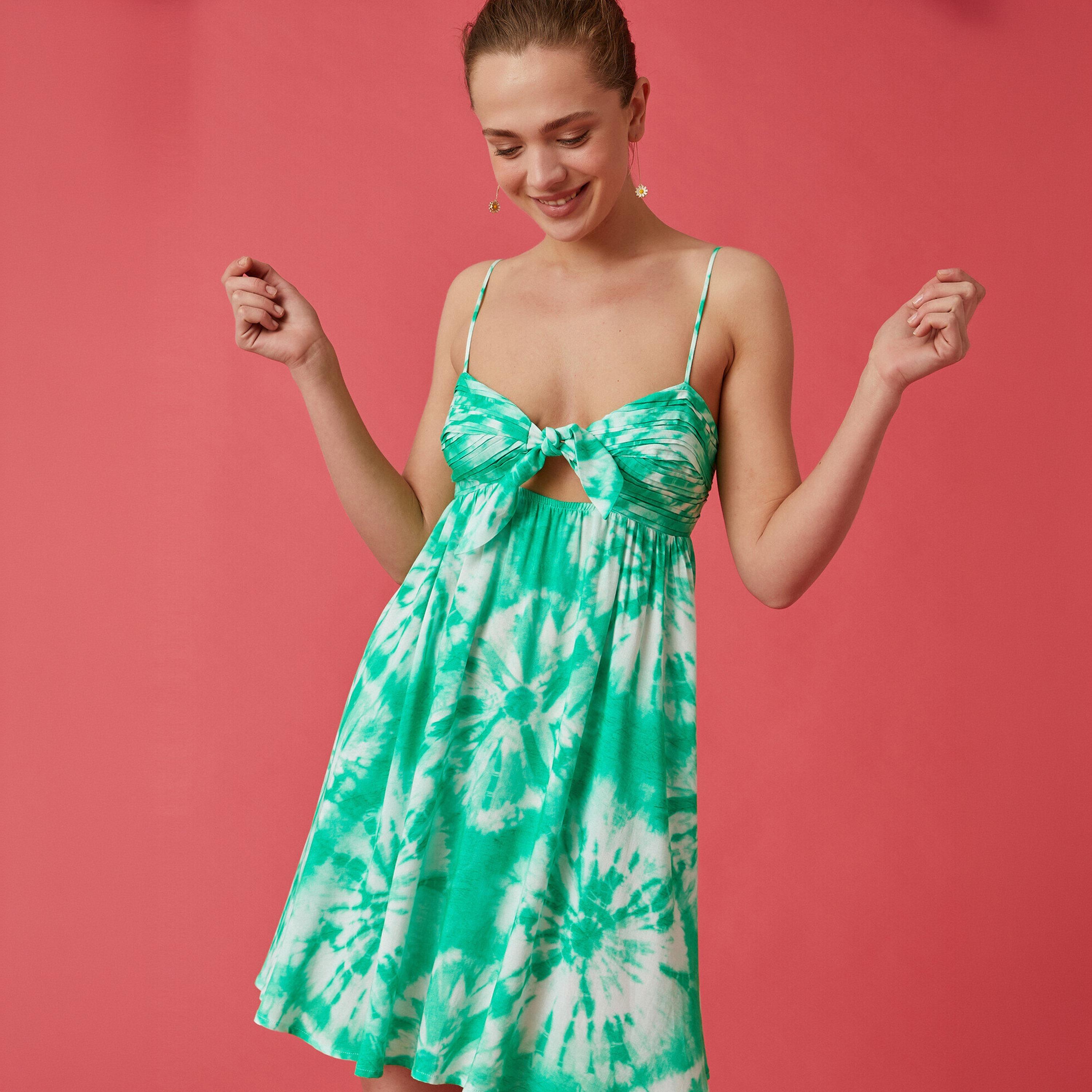 KOTON Green Tie-Dye Sweetheart Neck Fit & Flared Women's Mini Dress-women-clothing-dresses-image-5