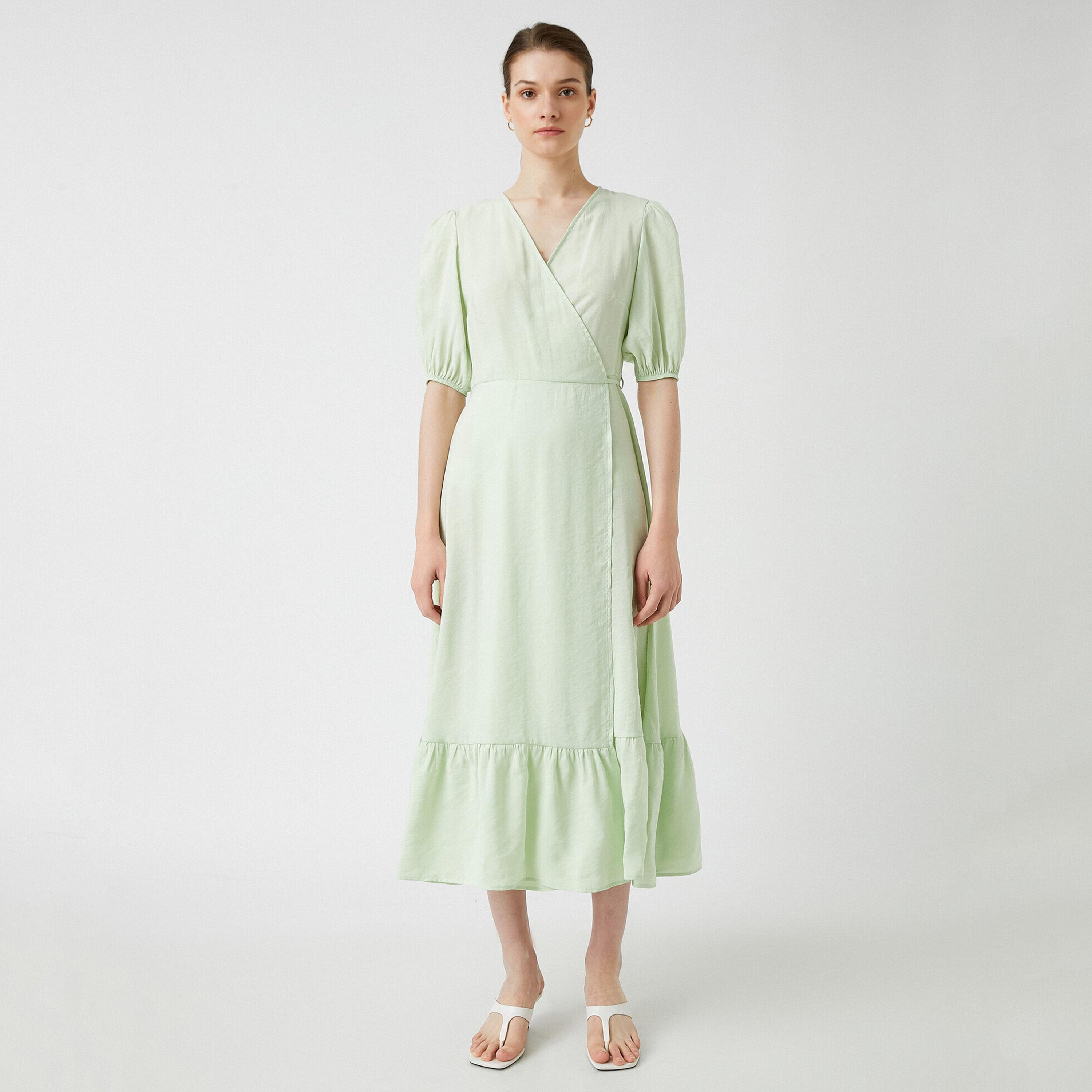 KOTON Green Surplice Neck Puff Sleeves Wrap Women's Midi Dress-women-clothing-dresses-image-1
