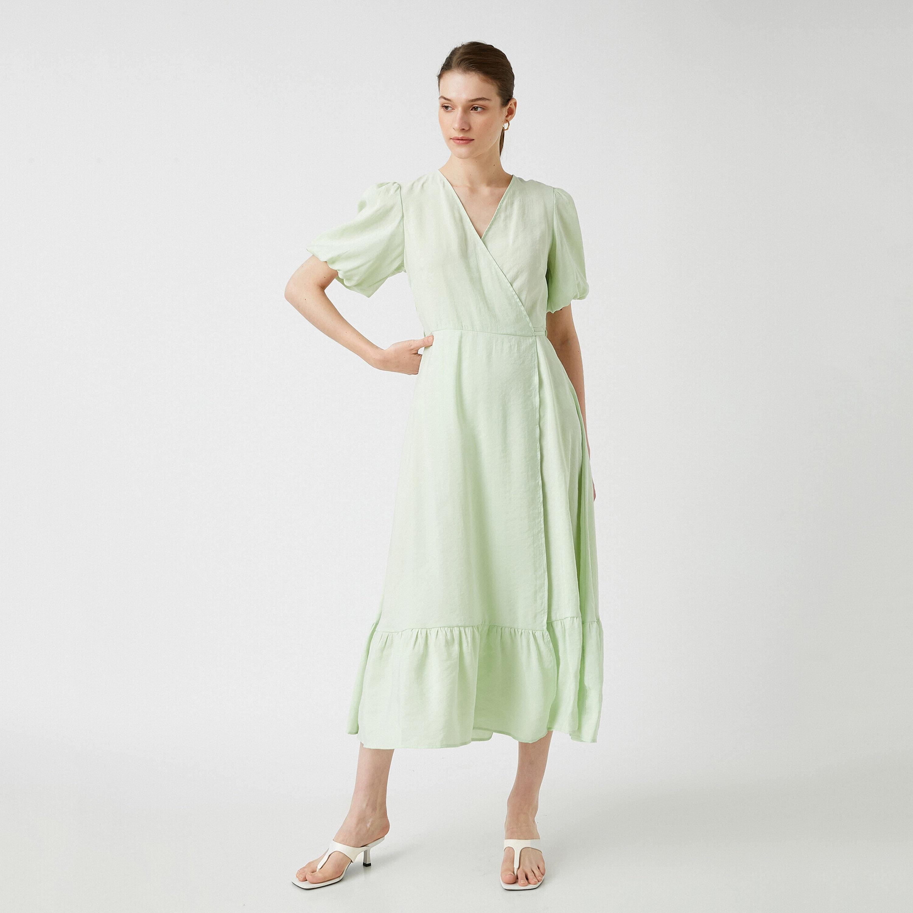 KOTON Green Surplice Neck Puff Sleeves Wrap Women's Midi Dress-women-clothing-dresses-image-2