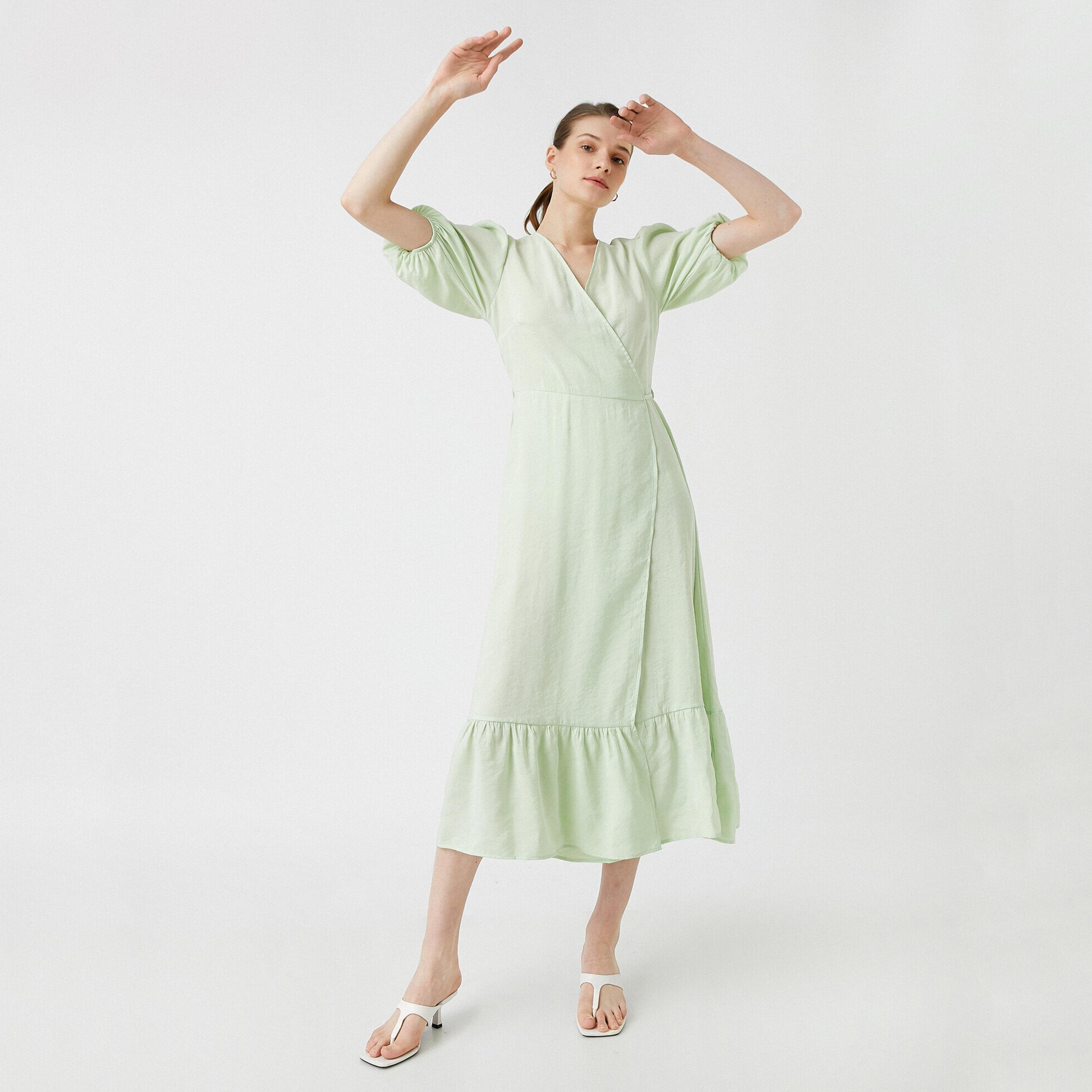 KOTON Green Surplice Neck Puff Sleeves Wrap Women's Midi Dress-women-clothing-dresses-image-3