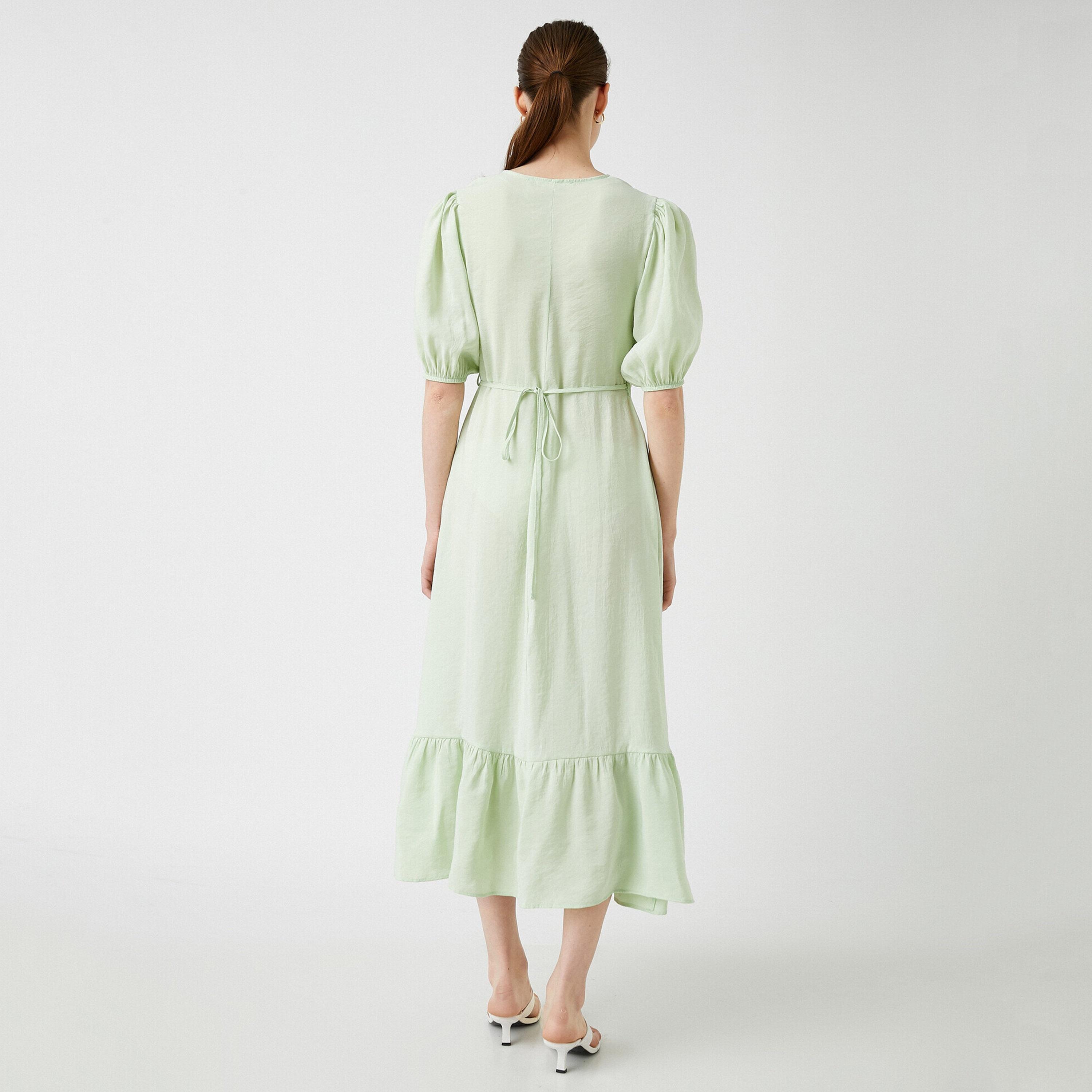 KOTON Green Surplice Neck Puff Sleeves Wrap Women's Midi Dress-women-clothing-dresses-image-4