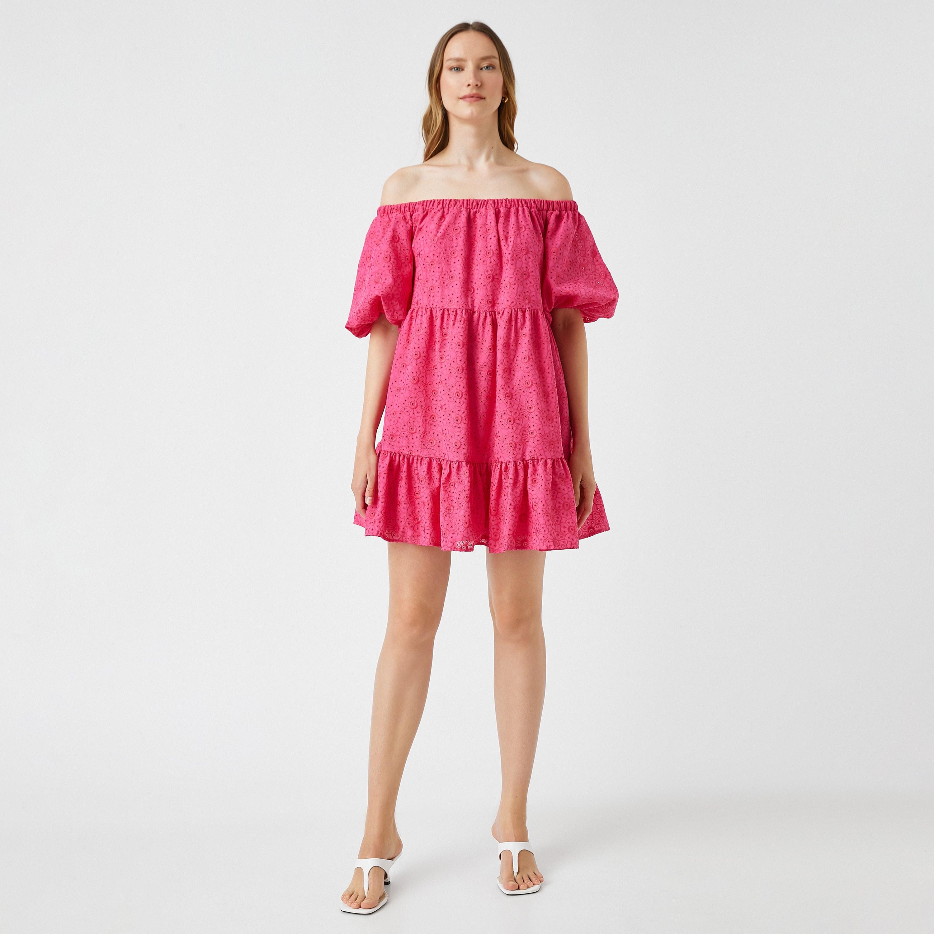 KOTON Pink Schiffli Off-Shoulder Puff Sleeves Tiered Women's Evening Mini Dress-women-clothing-dresses-image-1