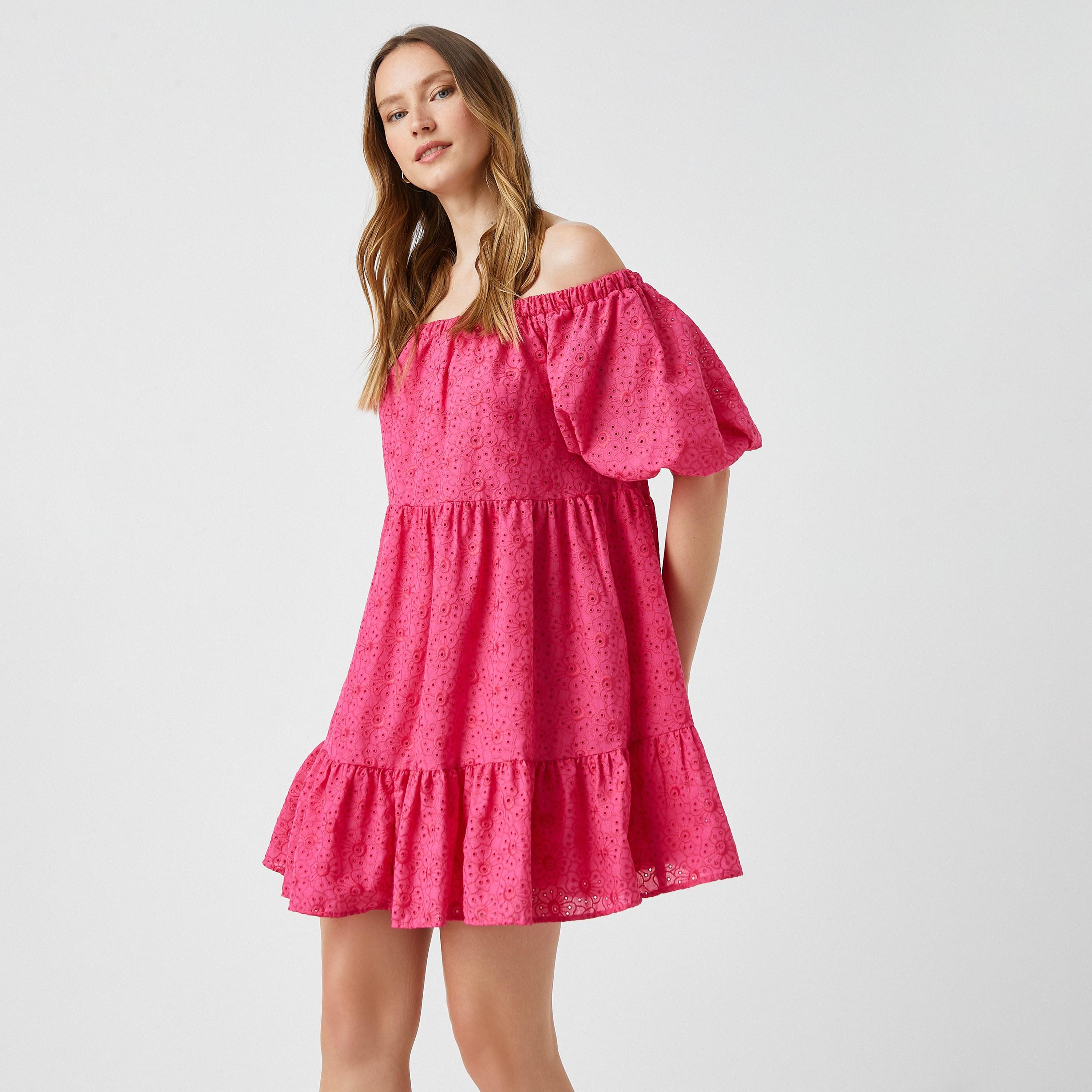 KOTON Pink Schiffli Off-Shoulder Puff Sleeves Tiered Women's Evening Mini Dress-women-clothing-dresses-image-3