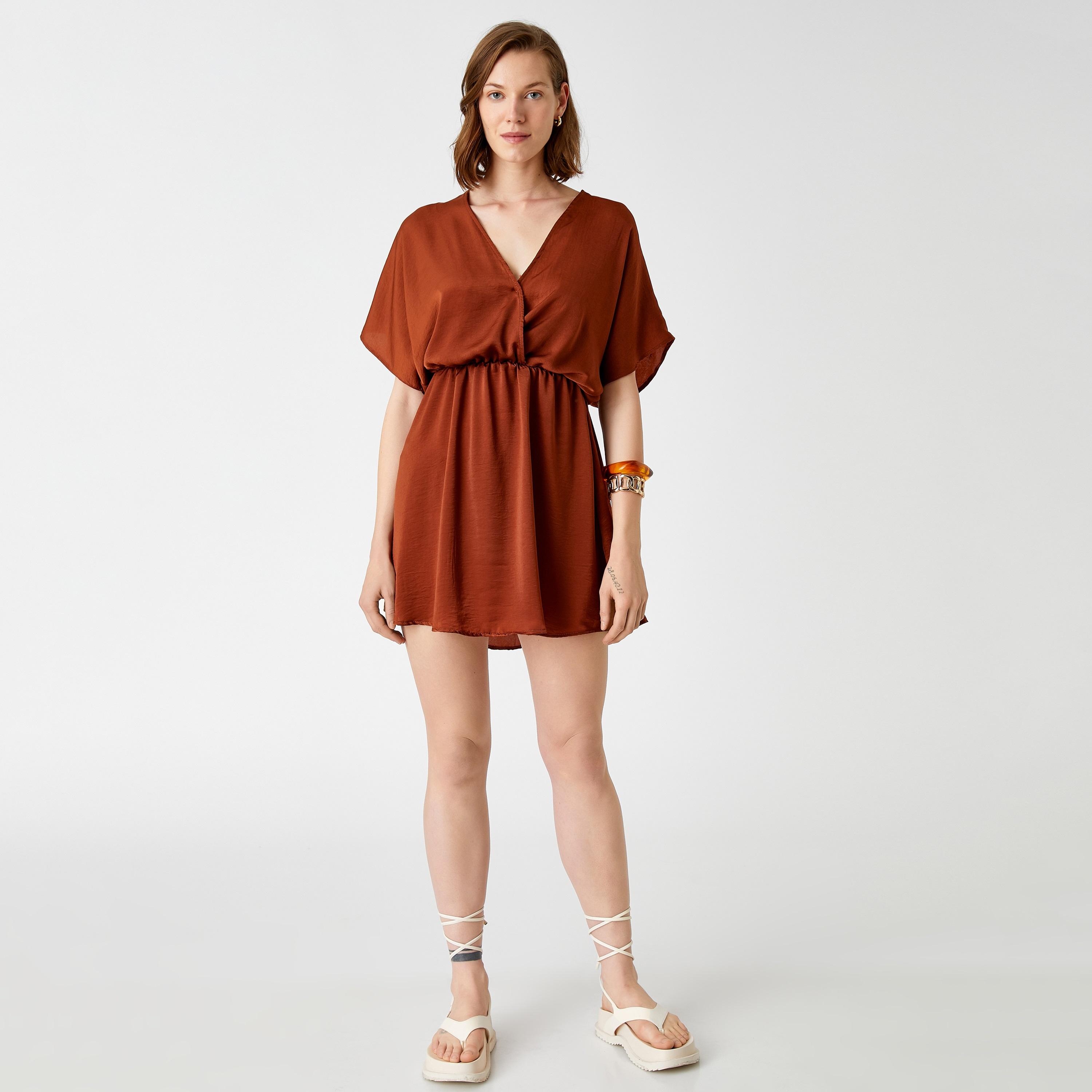 KOTON Brown Surplice Neck Dolman Sleeves Fit & Flared Women's Mini Dress-women-clothing-dresses-image-1