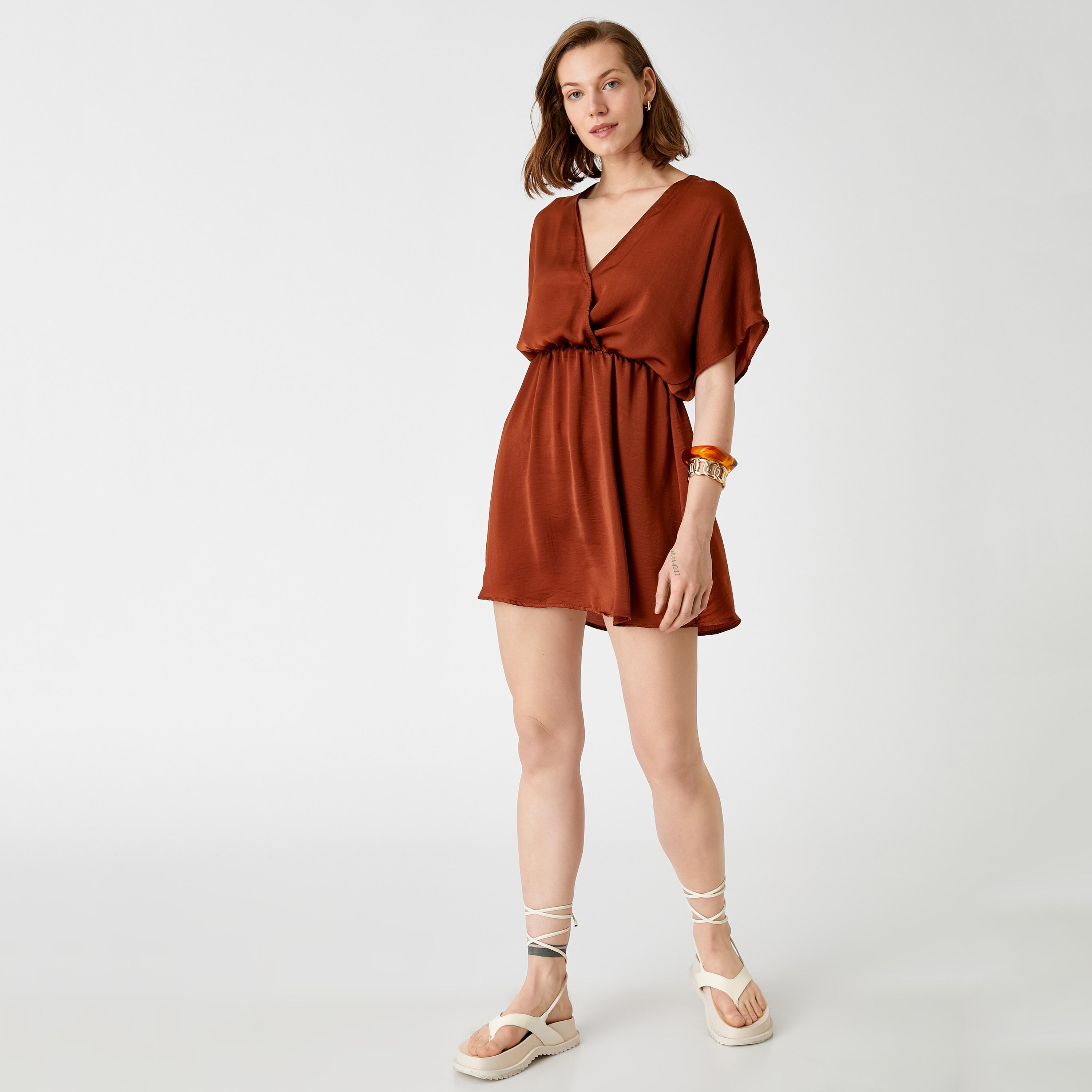 KOTON Brown Surplice Neck Dolman Sleeves Fit & Flared Women's Mini Dress-women-clothing-dresses-image-2