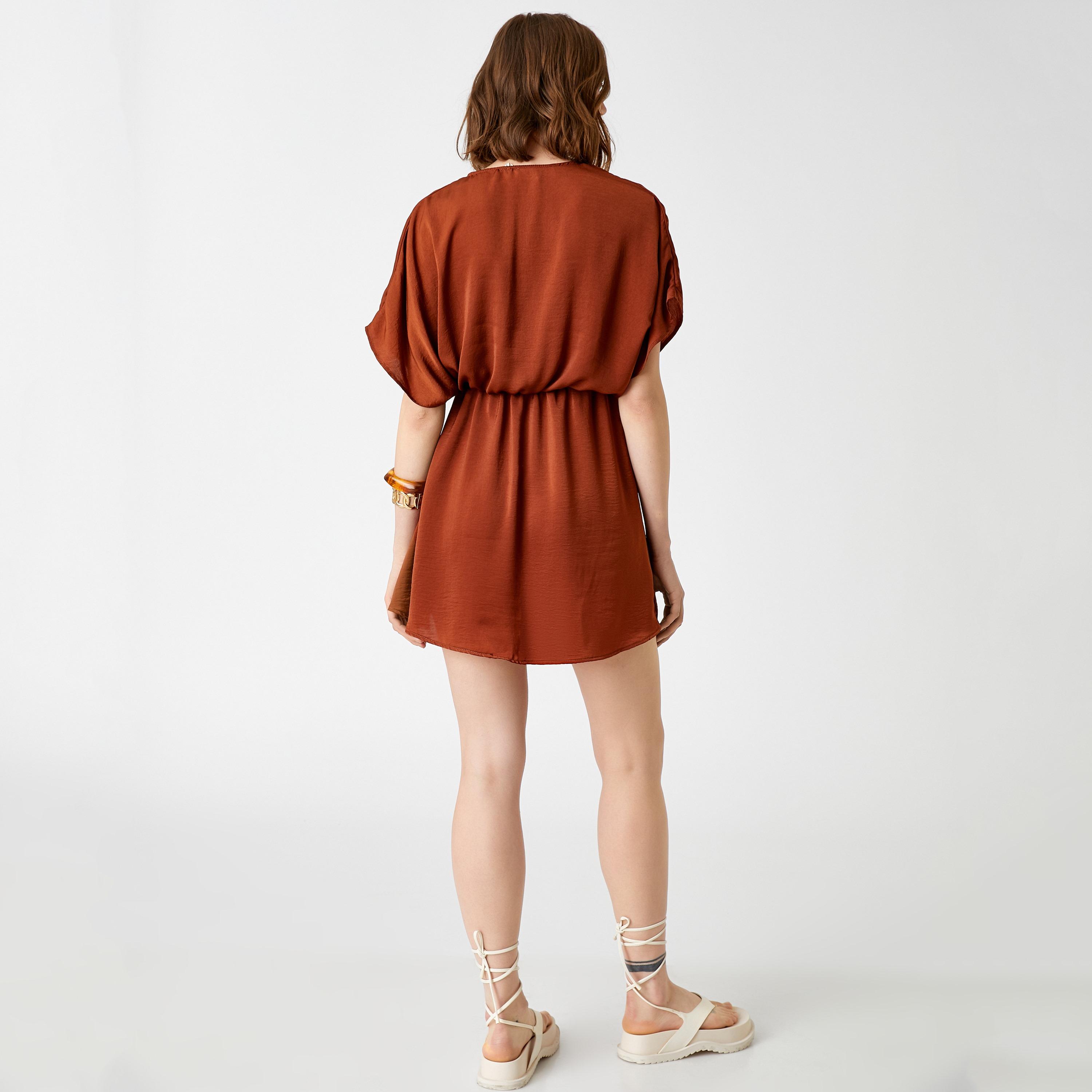 KOTON Brown Surplice Neck Dolman Sleeves Fit & Flared Women's Mini Dress-women-clothing-dresses-image-3