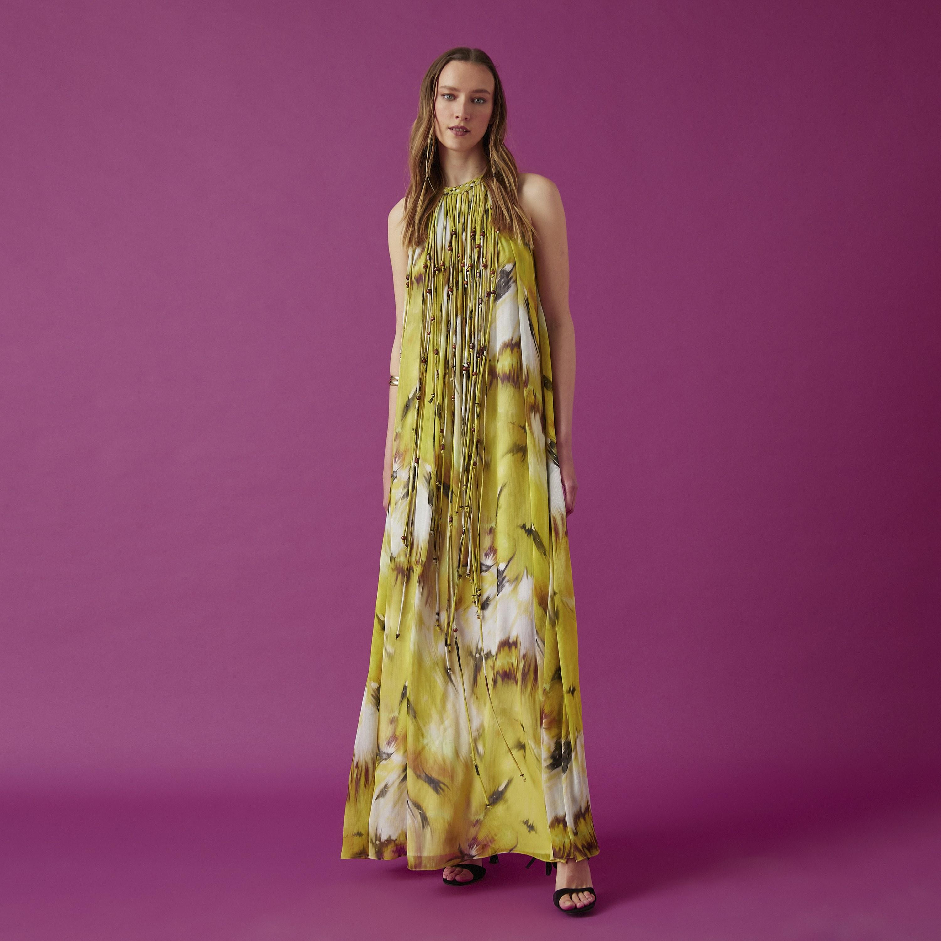 KOTON Yellow Abstract Print Halter Neck Flared Women's Evening Maxi Dress-women-clothing-dresses-image-1
