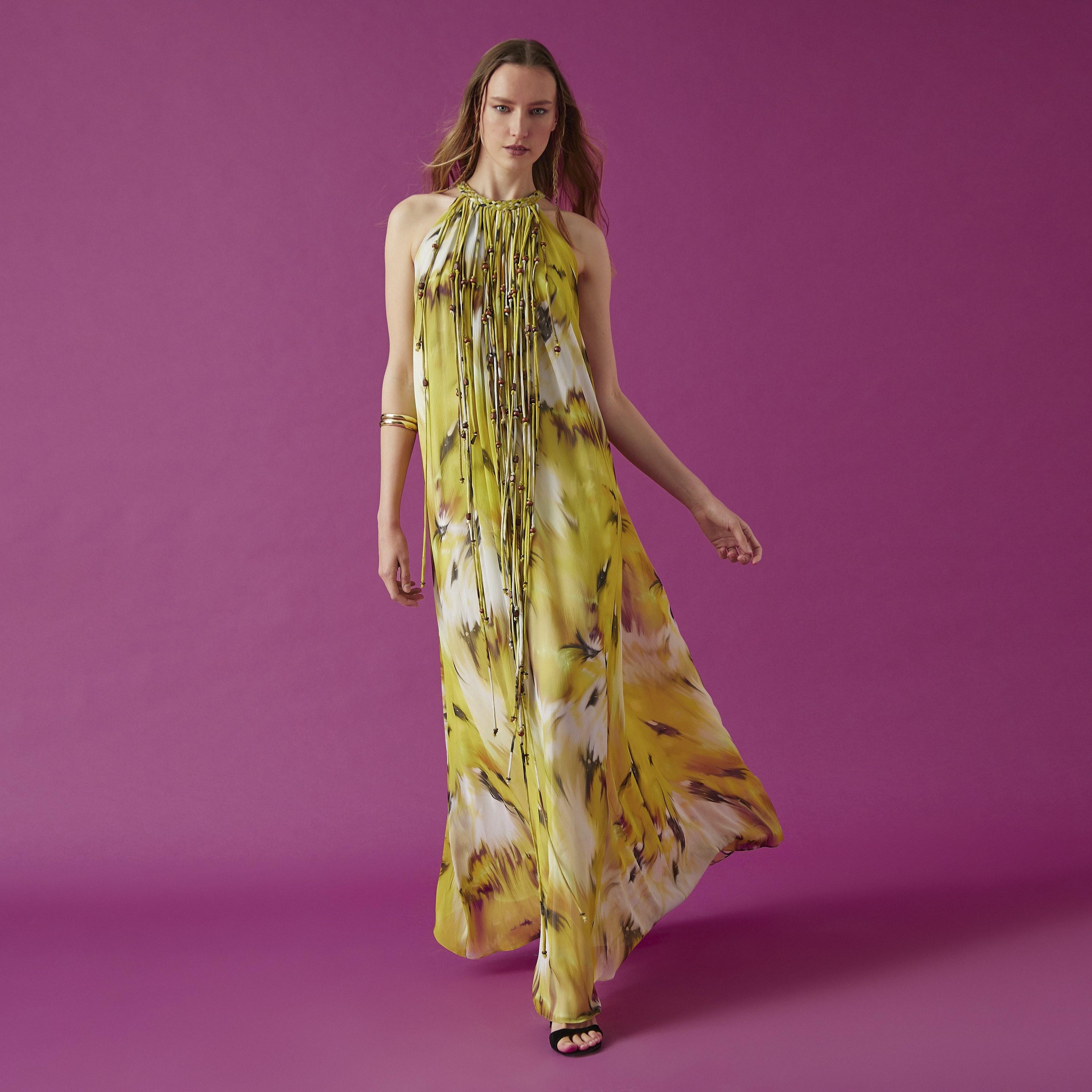 KOTON Yellow Abstract Print Halter Neck Flared Women's Evening Maxi Dress-women-clothing-dresses-image-2