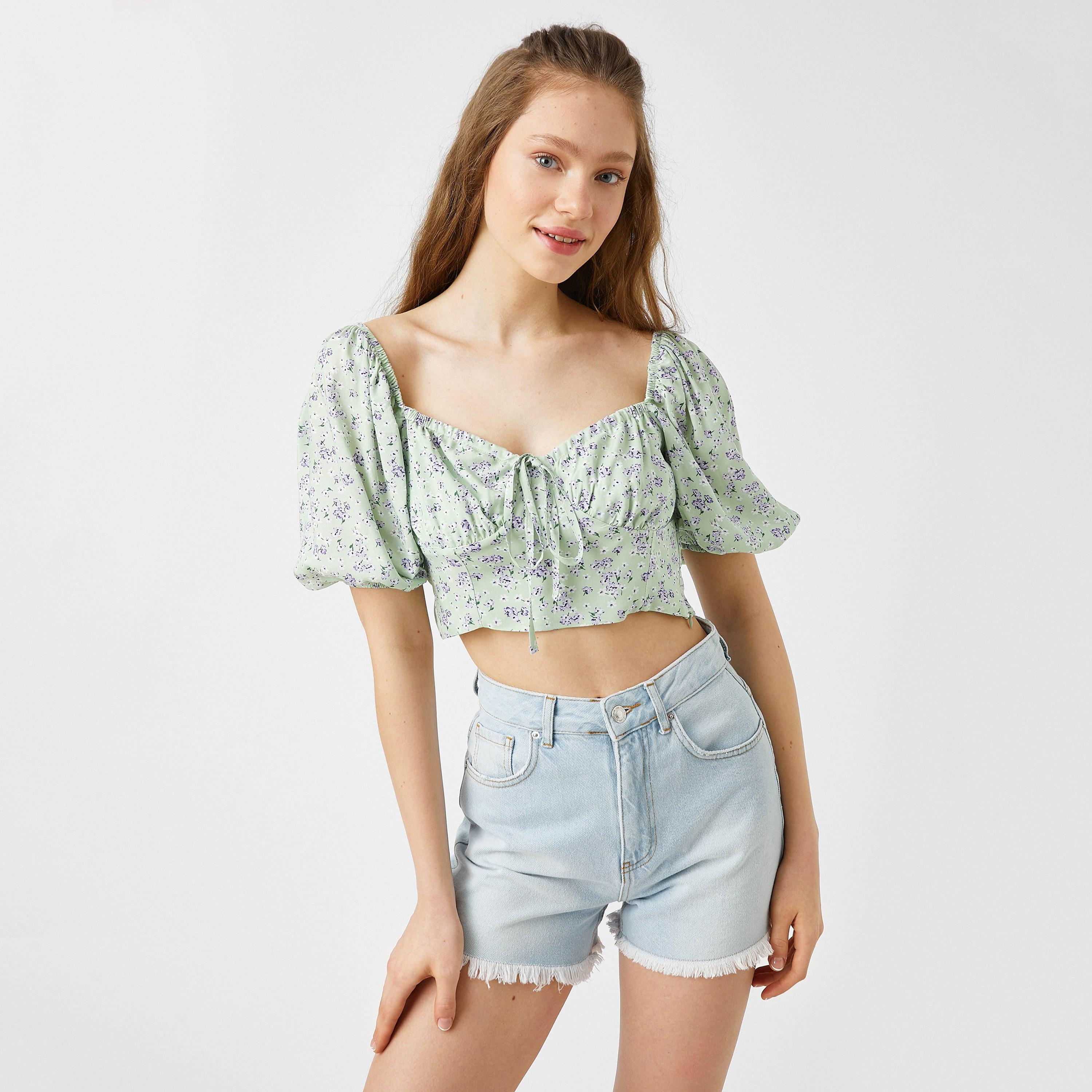 KOTON Green Floral Print Sweetheart Neck Puff Sleeves Women's Cropped Top-women-clothing-shirtsandblouses-blouses-image-1