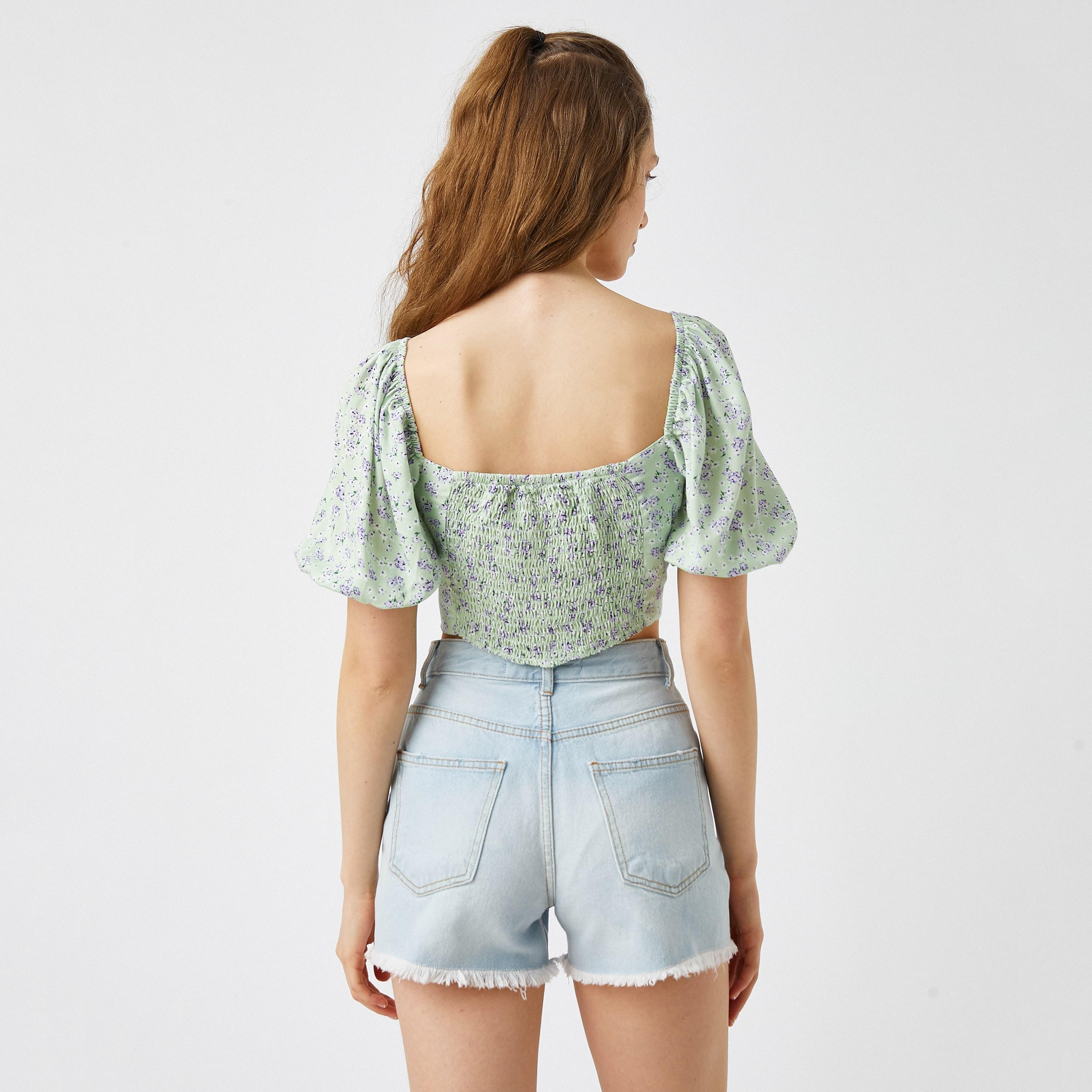 KOTON Green Floral Print Sweetheart Neck Puff Sleeves Women's Cropped Top-women-clothing-shirtsandblouses-blouses-image-3