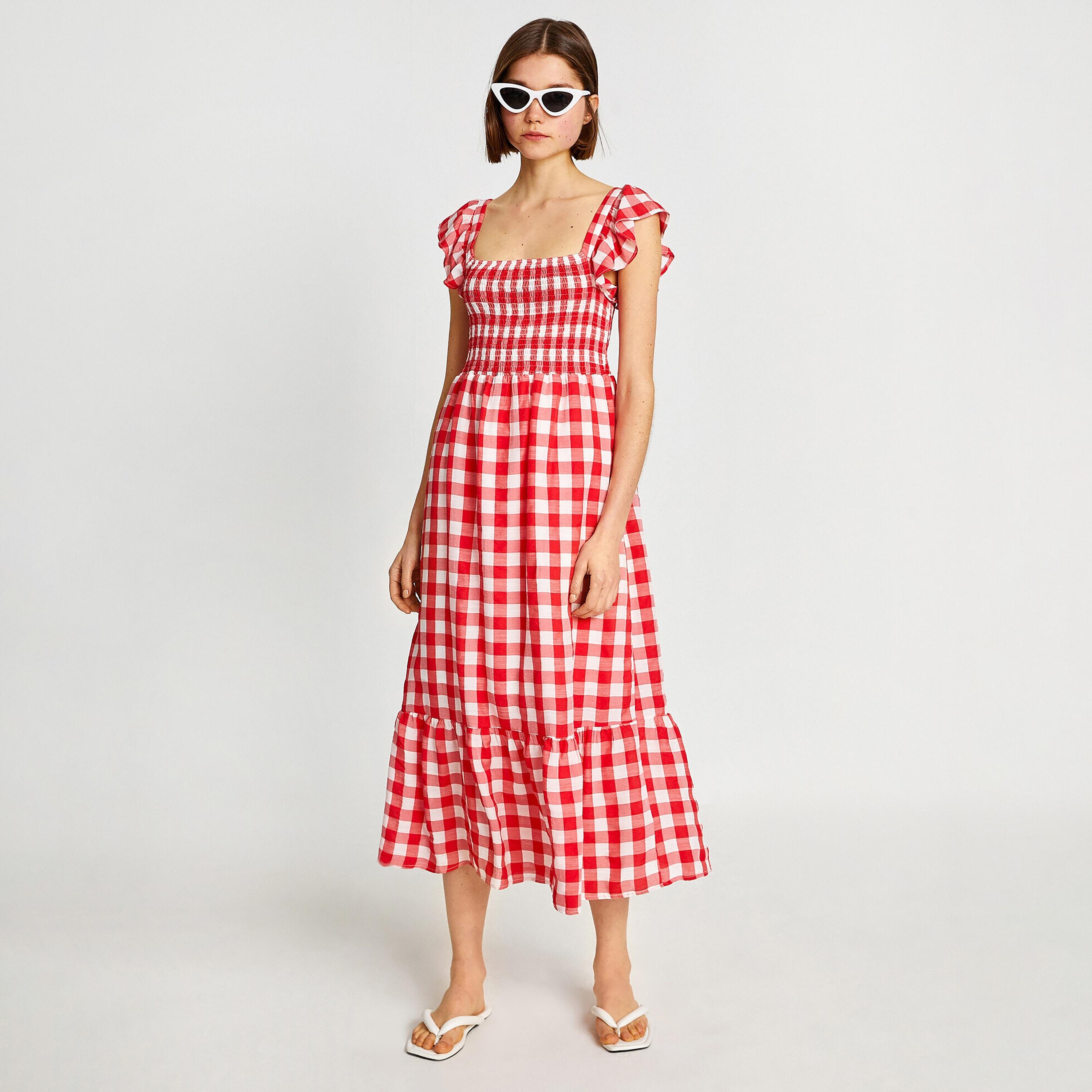 KOTON Red Checked Square Neck Flutter Sleeves Tiered Women's Midi Dress-women-clothing-dresses-image-1