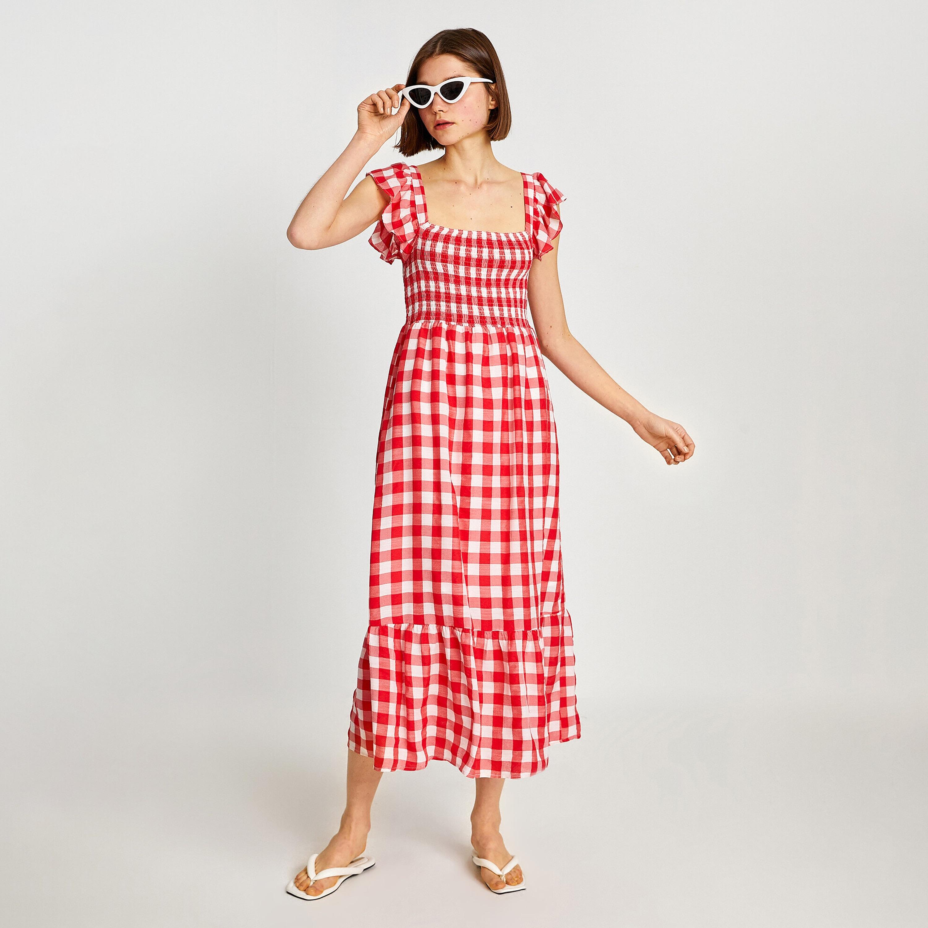 KOTON Red Checked Square Neck Flutter Sleeves Tiered Women's Midi Dress-women-clothing-dresses-image-2