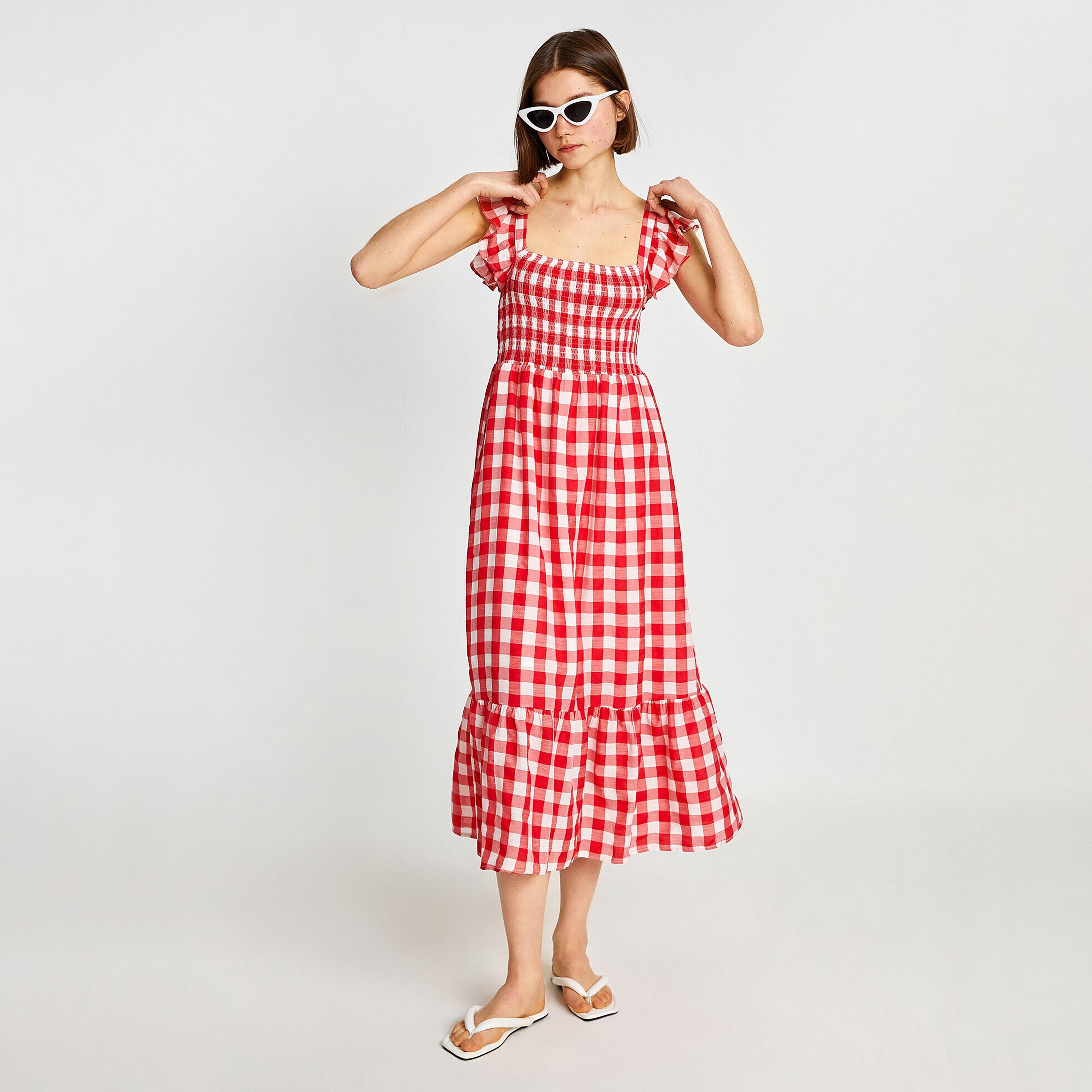 KOTON Red Checked Square Neck Flutter Sleeves Tiered Women's Midi Dress-women-clothing-dresses-image-3