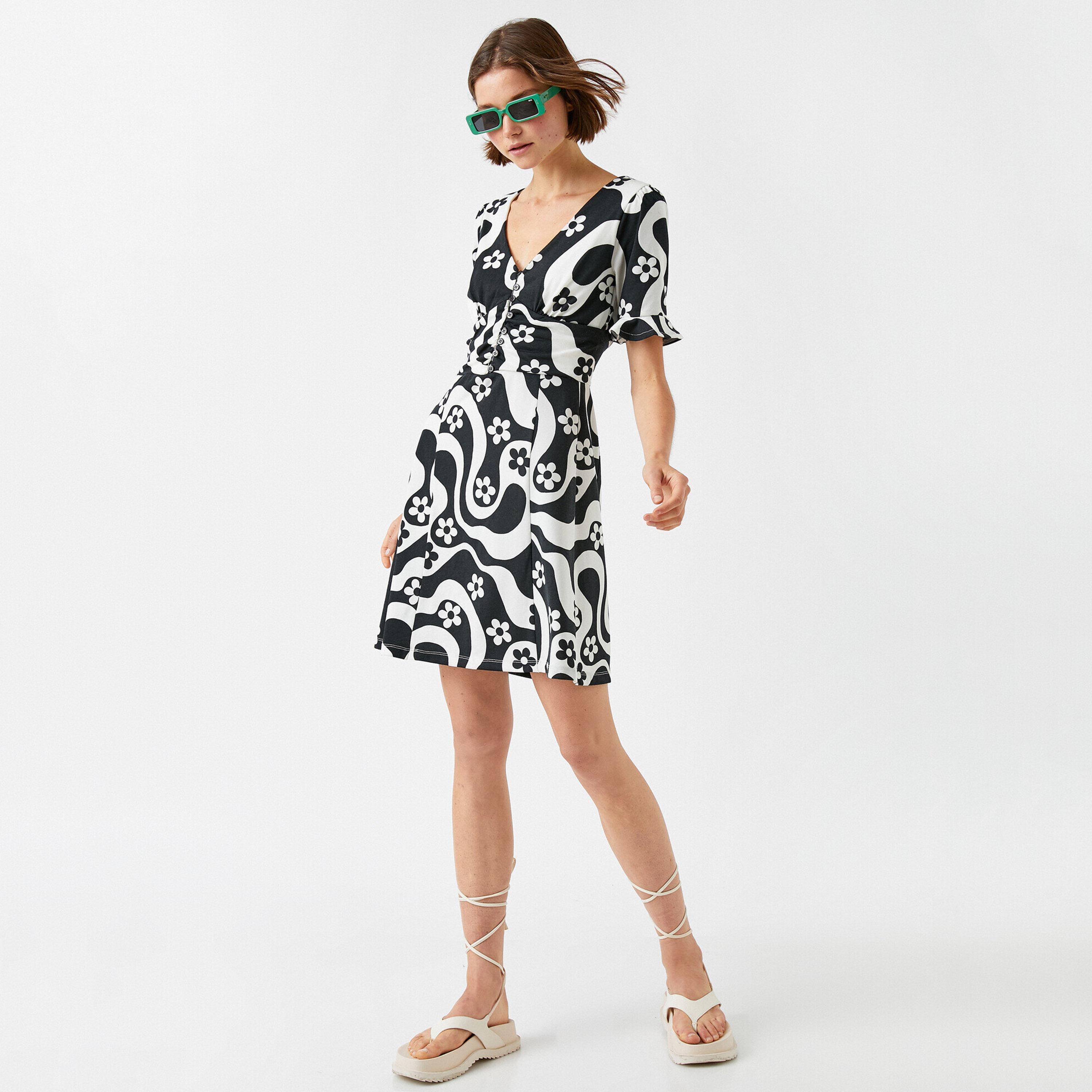 KOTON Black Floral Abstract Women's Mini Dress-women-clothing-dresses-image-2