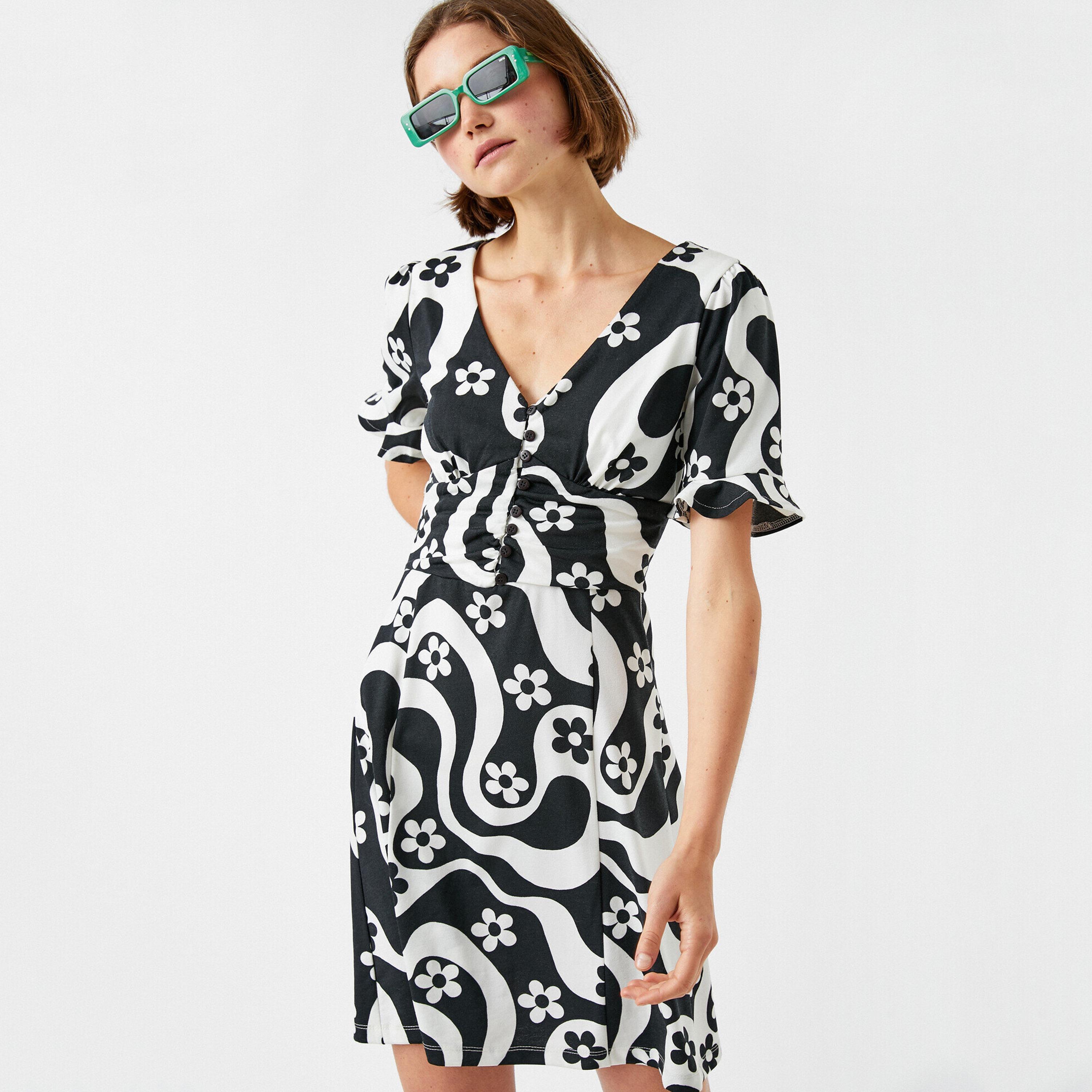 KOTON Black Floral Abstract Women's Mini Dress-women-clothing-dresses-image-4