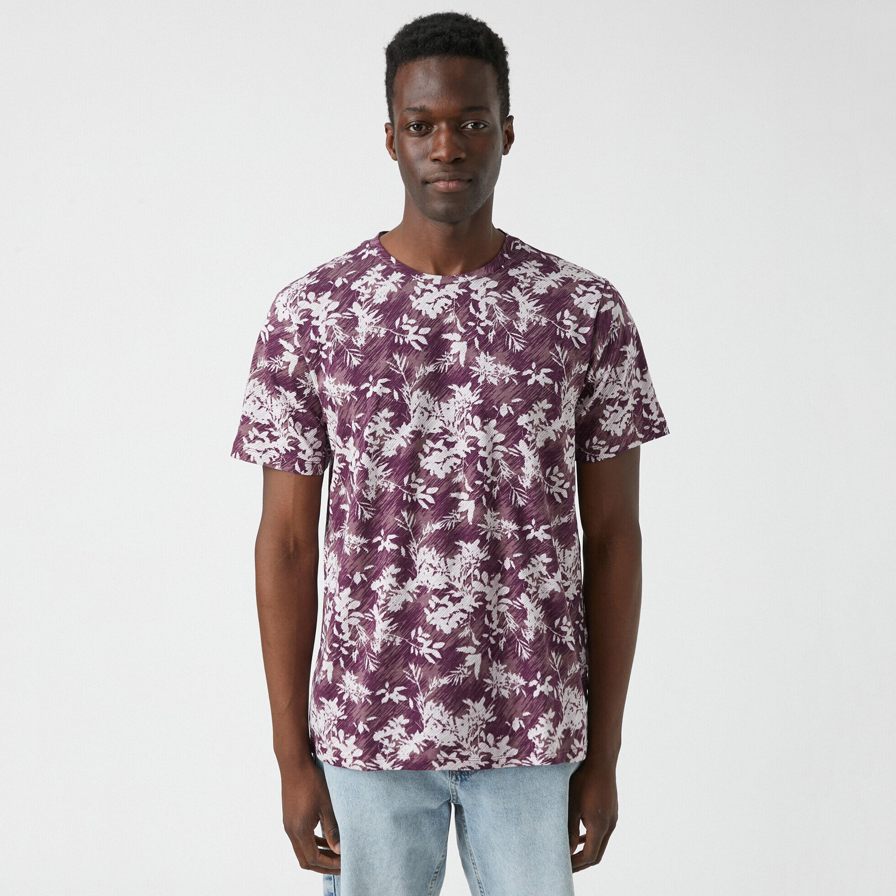 تي شيرت رجالي بياقة مستديرة وأكمام قصيرة بطبعة نباتية من كوتون-men-clothing-tshirtsandpolos-tshirts-image-1